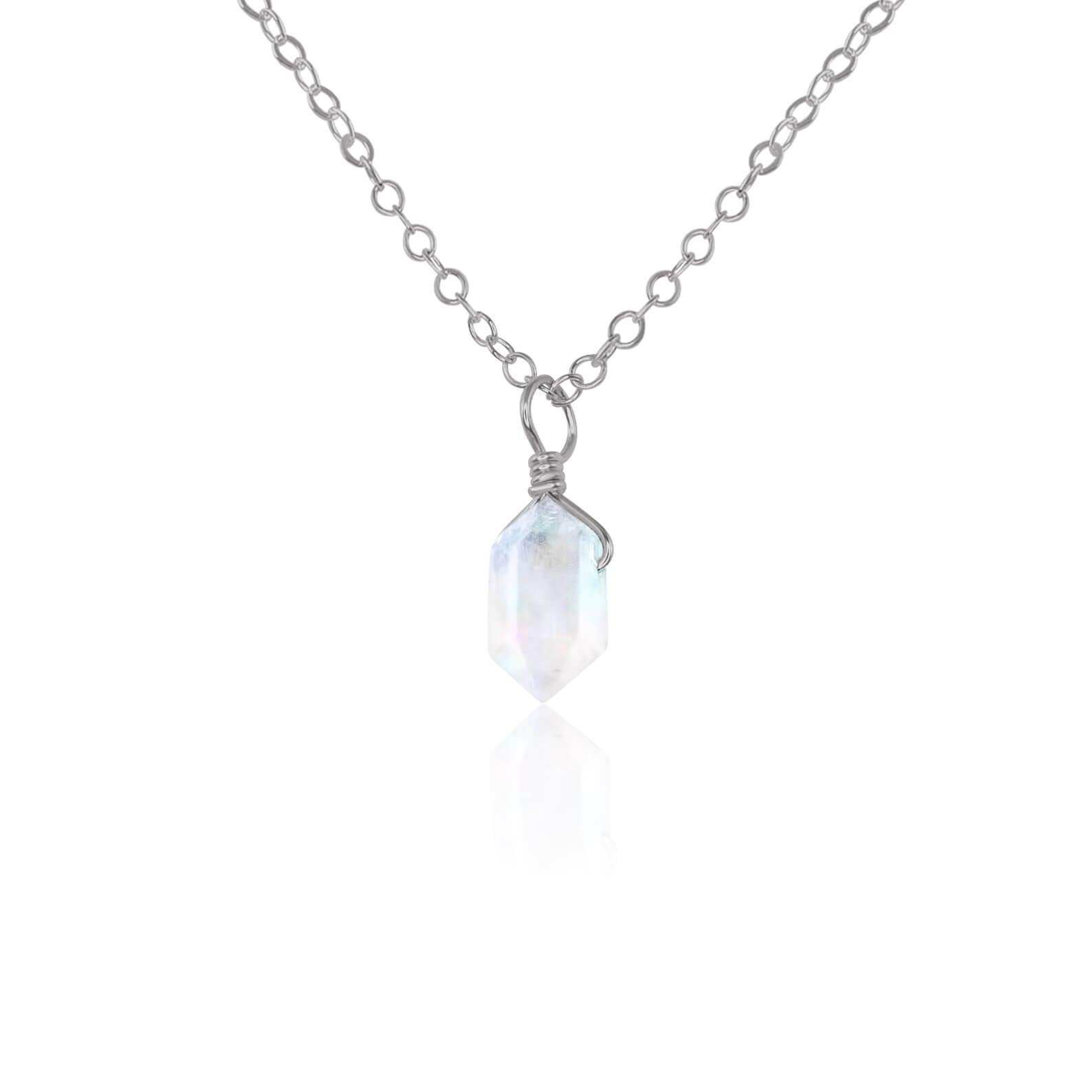 Rainbow Moonstone Mini Double Terminated Crystal Point Pendant Necklace - Rainbow Moonstone Mini Double Terminated Crystal Point Pendant Necklace - Stainless Steel / Cable - Luna Tide Handmade Crystal Jewellery