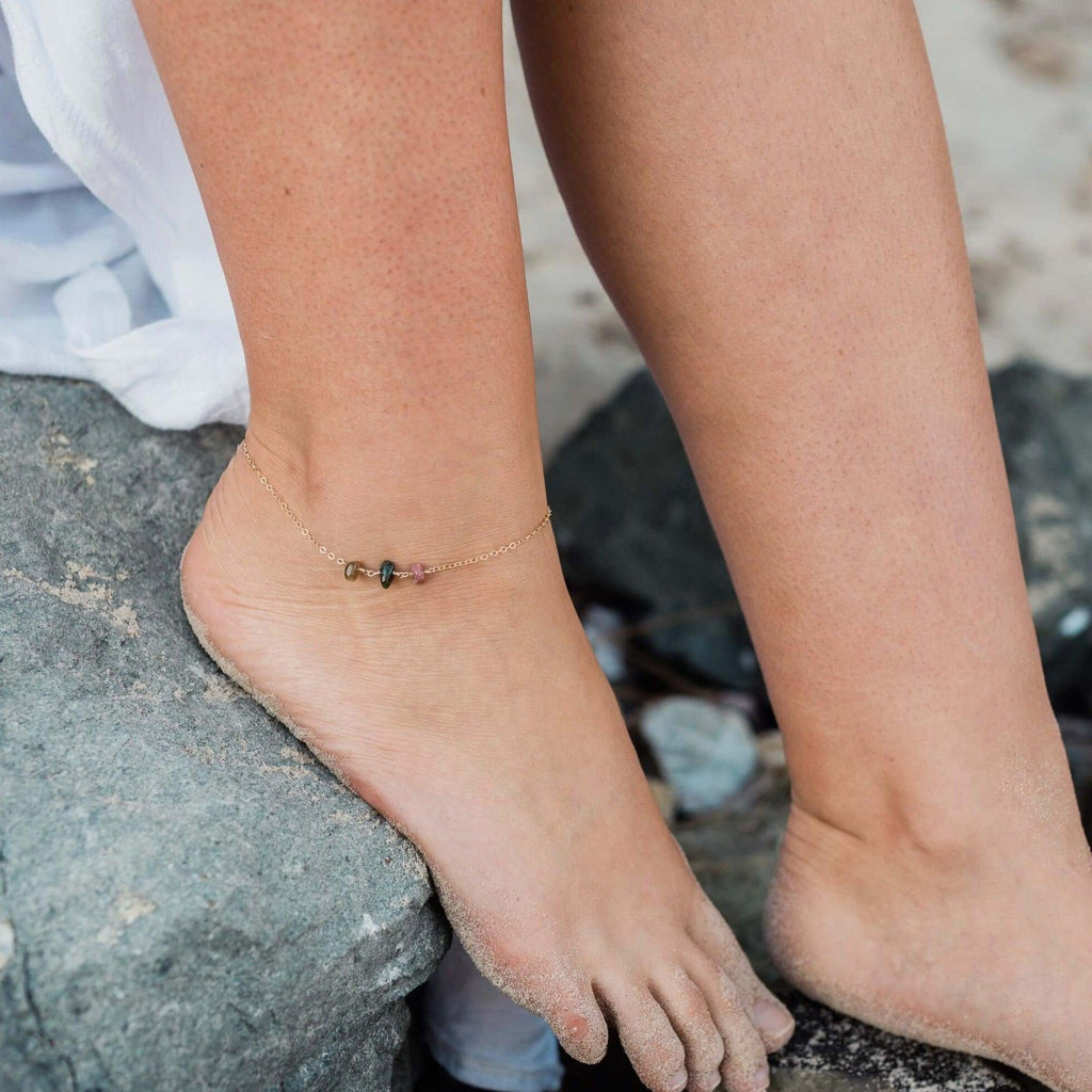 Rainbow Tourmaline Beaded Chain Anklet - Rainbow Tourmaline Beaded Chain Anklet - 14k Gold Fill - Luna Tide Handmade Crystal Jewellery