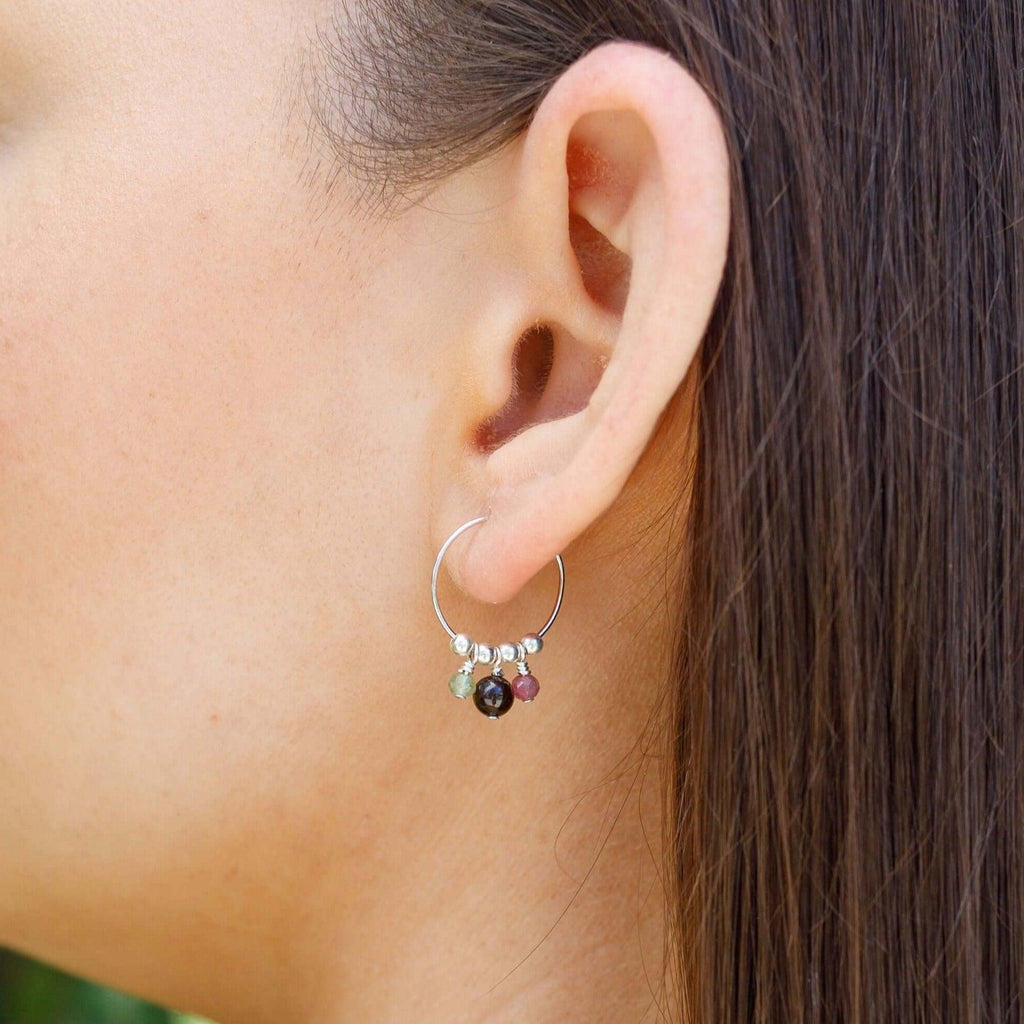 Rainbow Tourmaline Gemstone Bead Drop Hoop Earrings - Rainbow Tourmaline Gemstone Bead Drop Hoop Earrings - 14k Gold Fill - Luna Tide Handmade Crystal Jewellery
