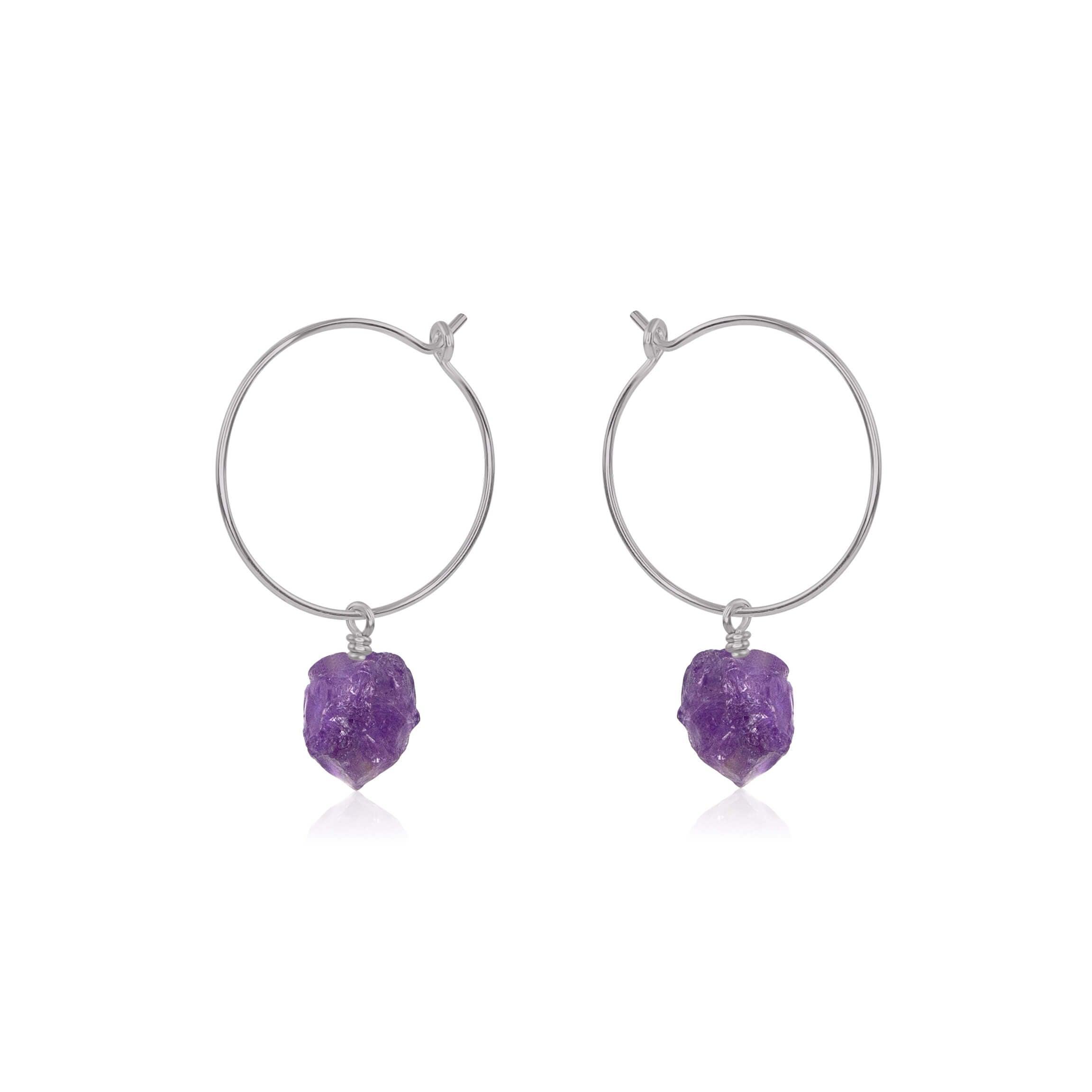 Raw Amethyst Gemstone Dangle Hoop Earrings - Raw Amethyst Gemstone Dangle Hoop Earrings - Stainless Steel - Luna Tide Handmade Crystal Jewellery