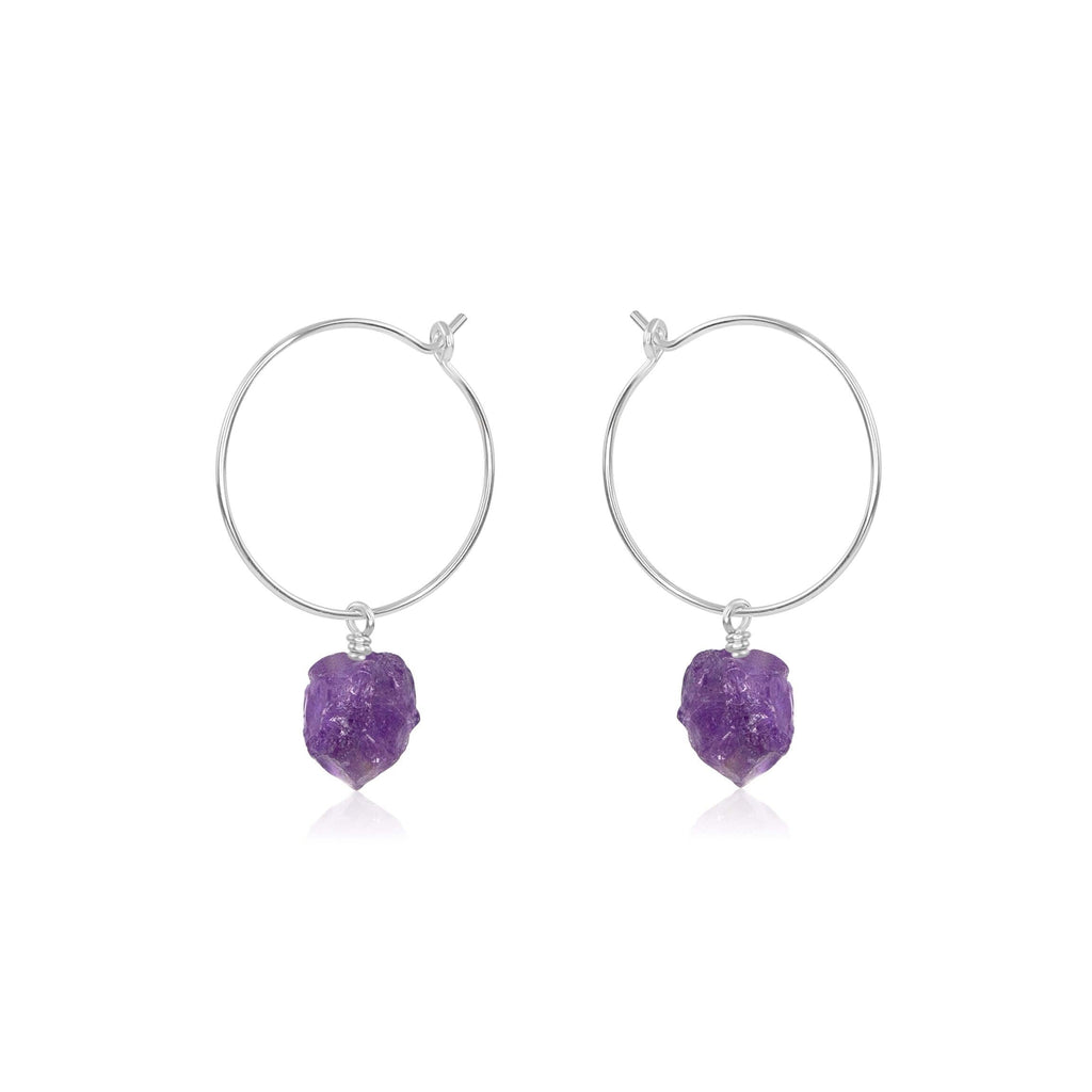 Raw Amethyst Gemstone Dangle Hoop Earrings - Raw Amethyst Gemstone Dangle Hoop Earrings - Sterling Silver - Luna Tide Handmade Crystal Jewellery