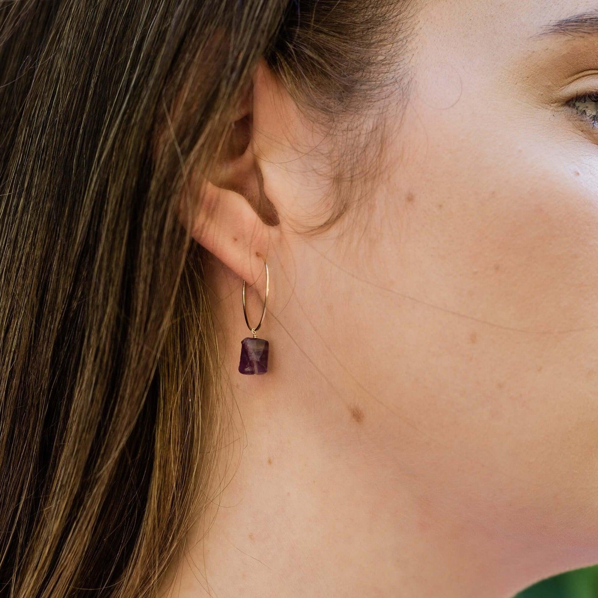 Raw Amethyst Gemstone Dangle Hoop Earrings - Raw Amethyst Gemstone Dangle Hoop Earrings - Sterling Silver - Luna Tide Handmade Crystal Jewellery