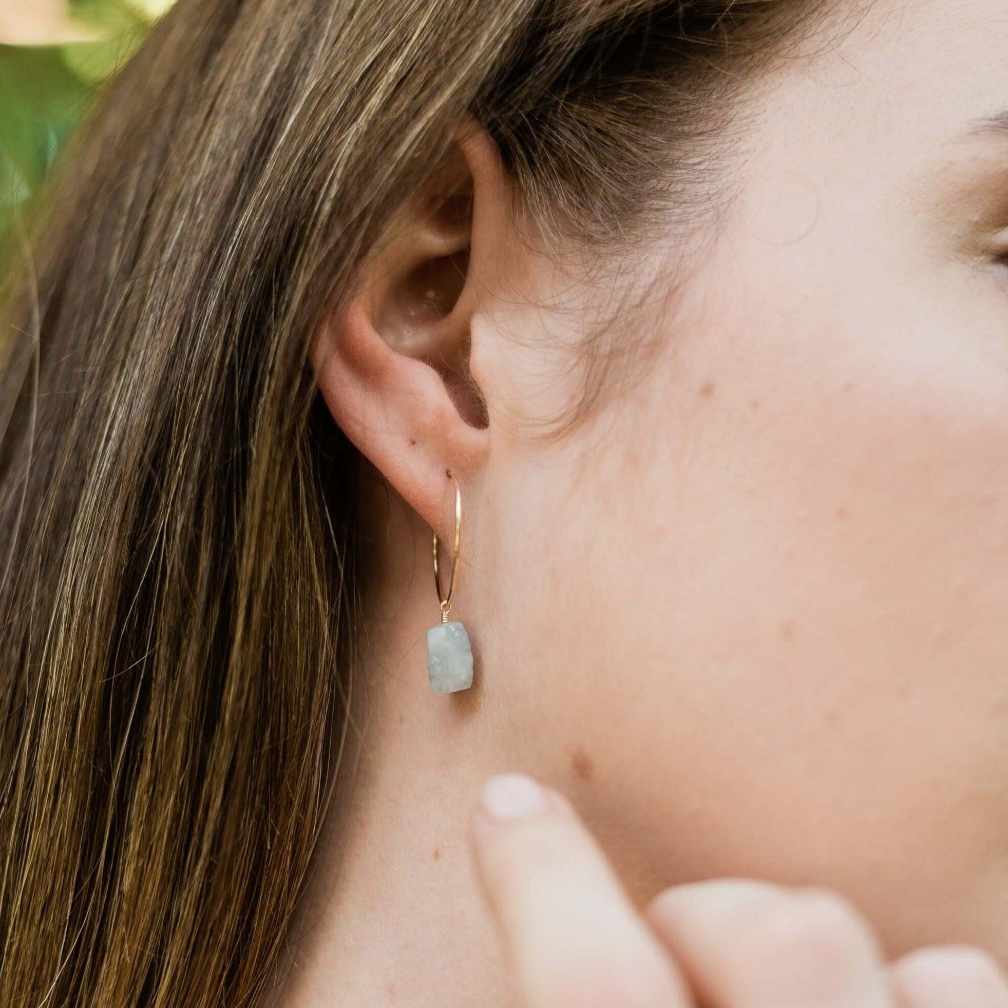 Raw Aquamarine Gemstone Dangle Hoop Earrings - Raw Aquamarine Gemstone Dangle Hoop Earrings - Sterling Silver - Luna Tide Handmade Crystal Jewellery