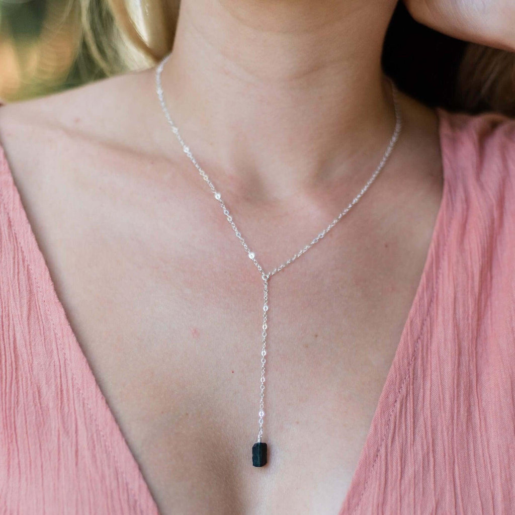 Raw Black Tourmaline Crystal Lariat Necklace - Raw Black Tourmaline Crystal Lariat Necklace - Sterling Silver - Luna Tide Handmade Crystal Jewellery