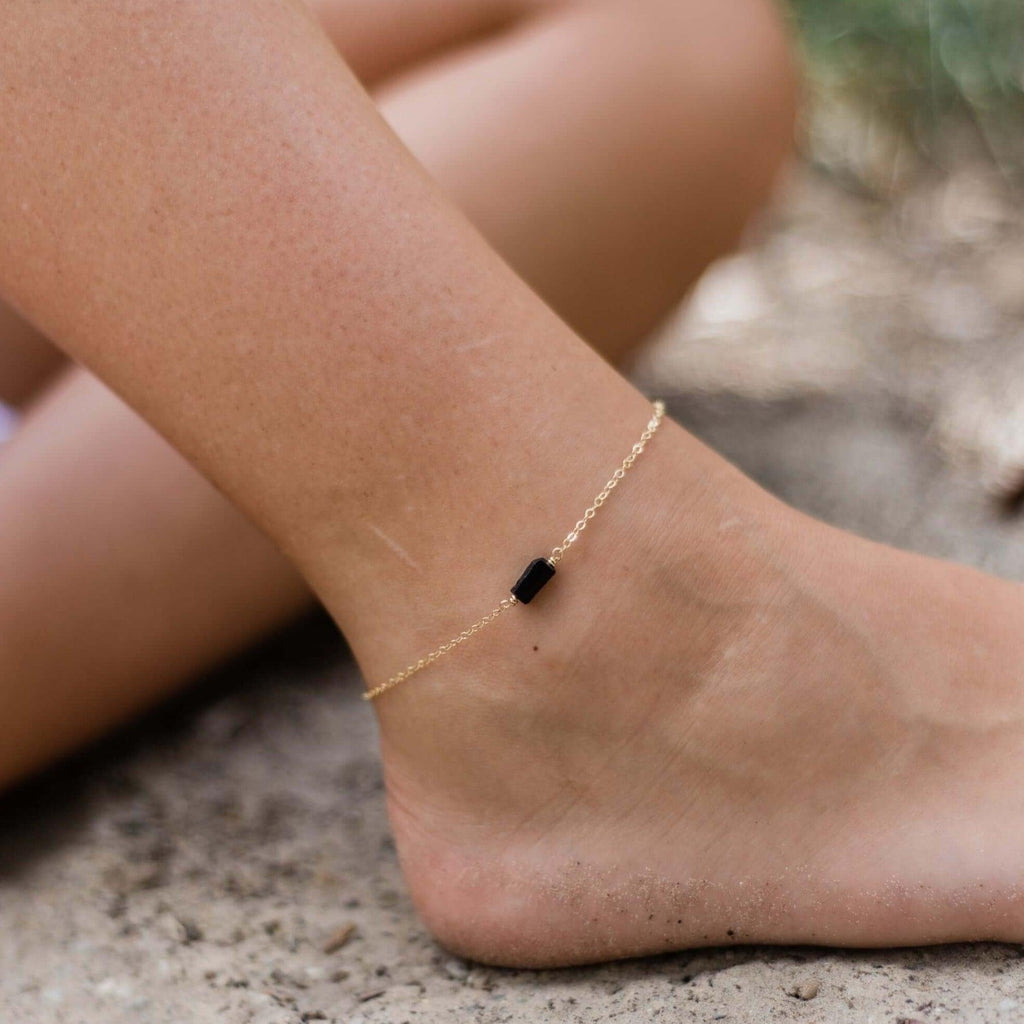 Raw Black Tourmaline Crystal Nugget Anklet - Raw Black Tourmaline Crystal Nugget Anklet - Sterling Silver - Luna Tide Handmade Crystal Jewellery