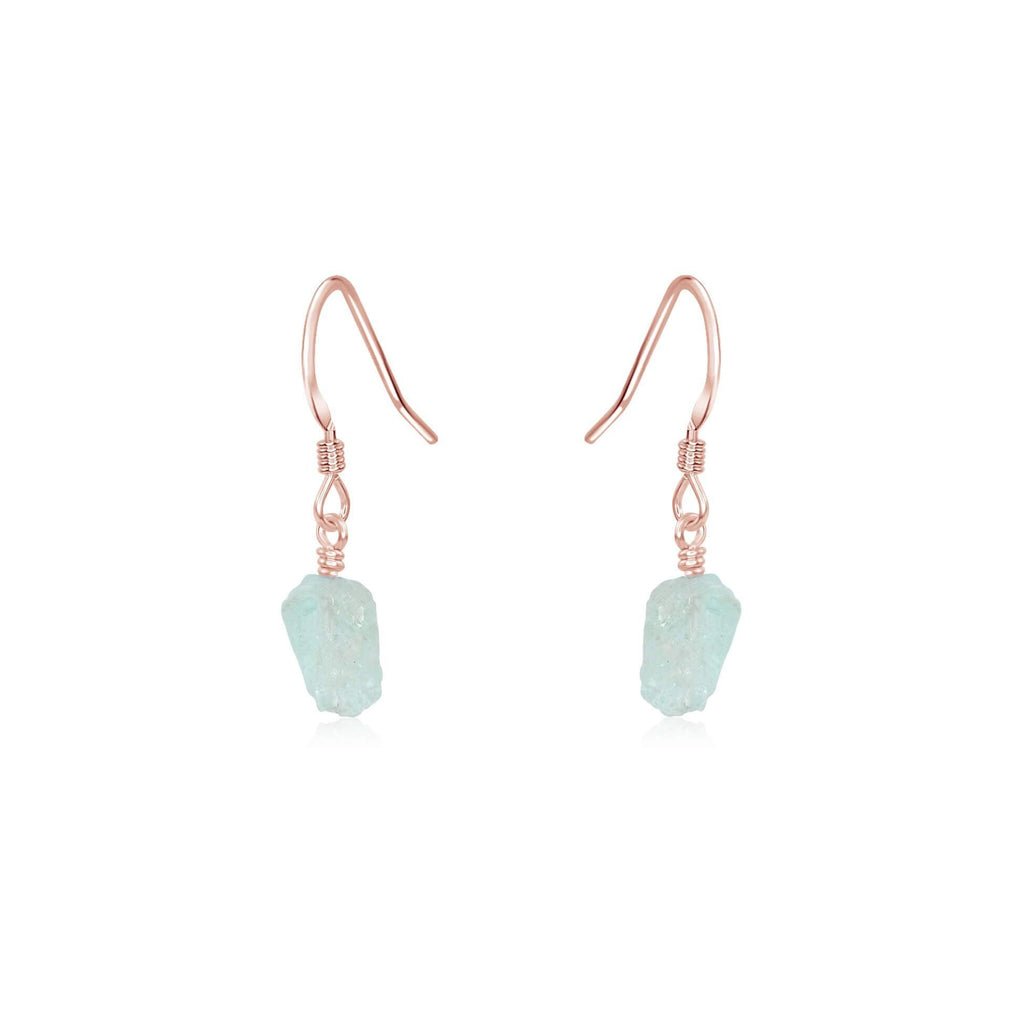 Raw Blue Aquamarine Crystal Dangle Drop Earrings - Raw Blue Aquamarine Crystal Dangle Drop Earrings - 14k Rose Gold Fill - Luna Tide Handmade Crystal Jewellery