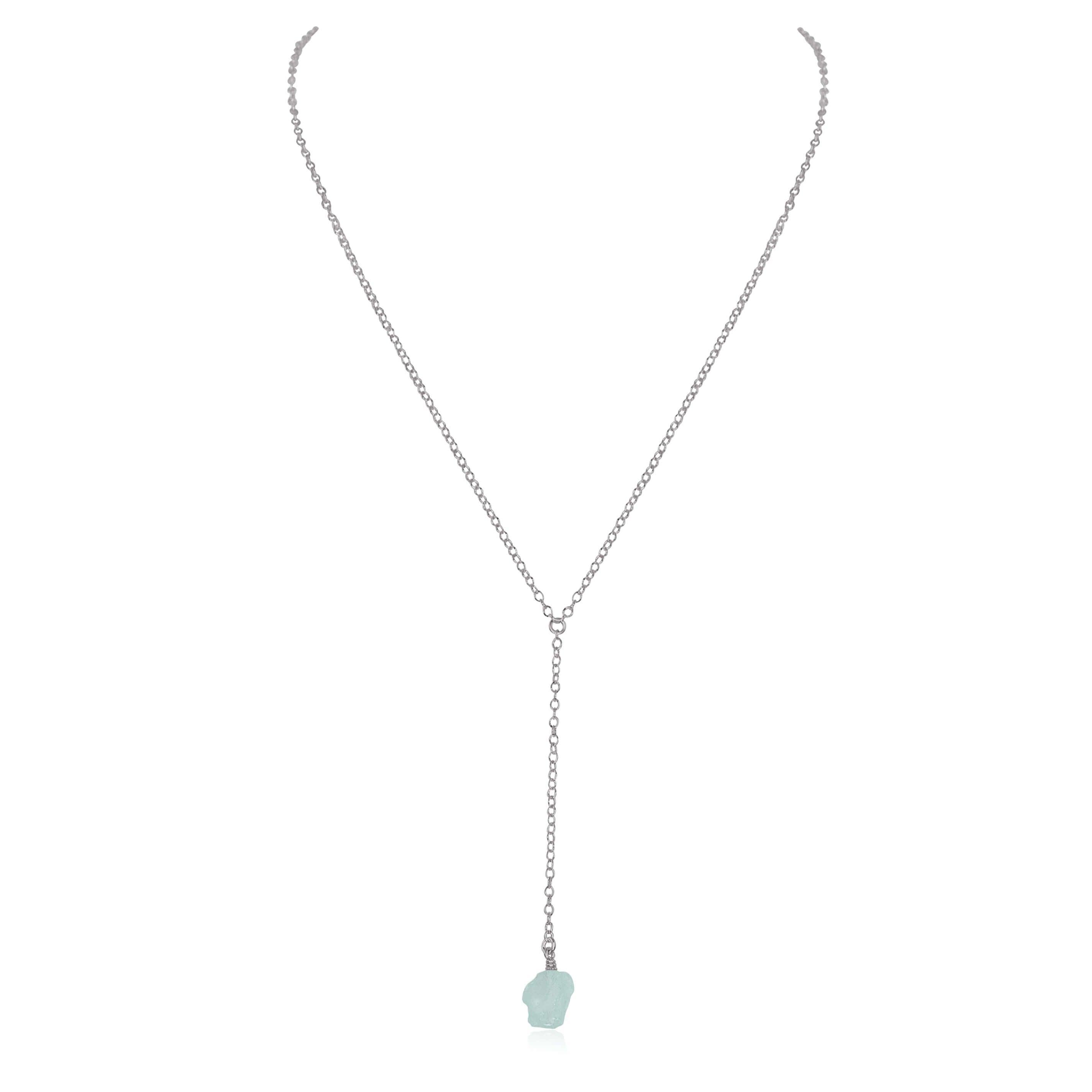 Raw Blue Aquamarine Crystal Lariat Necklace - Raw Blue Aquamarine Crystal Lariat Necklace - Stainless Steel - Luna Tide Handmade Crystal Jewellery