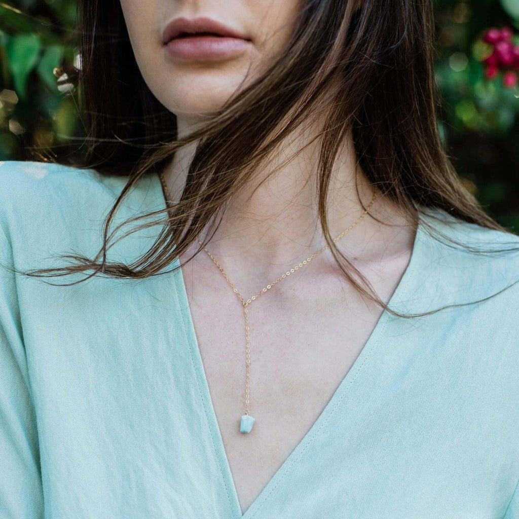 Raw Blue Larimar Crystal Lariat Necklace - Raw Blue Larimar Crystal Lariat Necklace - Sterling Silver - Luna Tide Handmade Crystal Jewellery