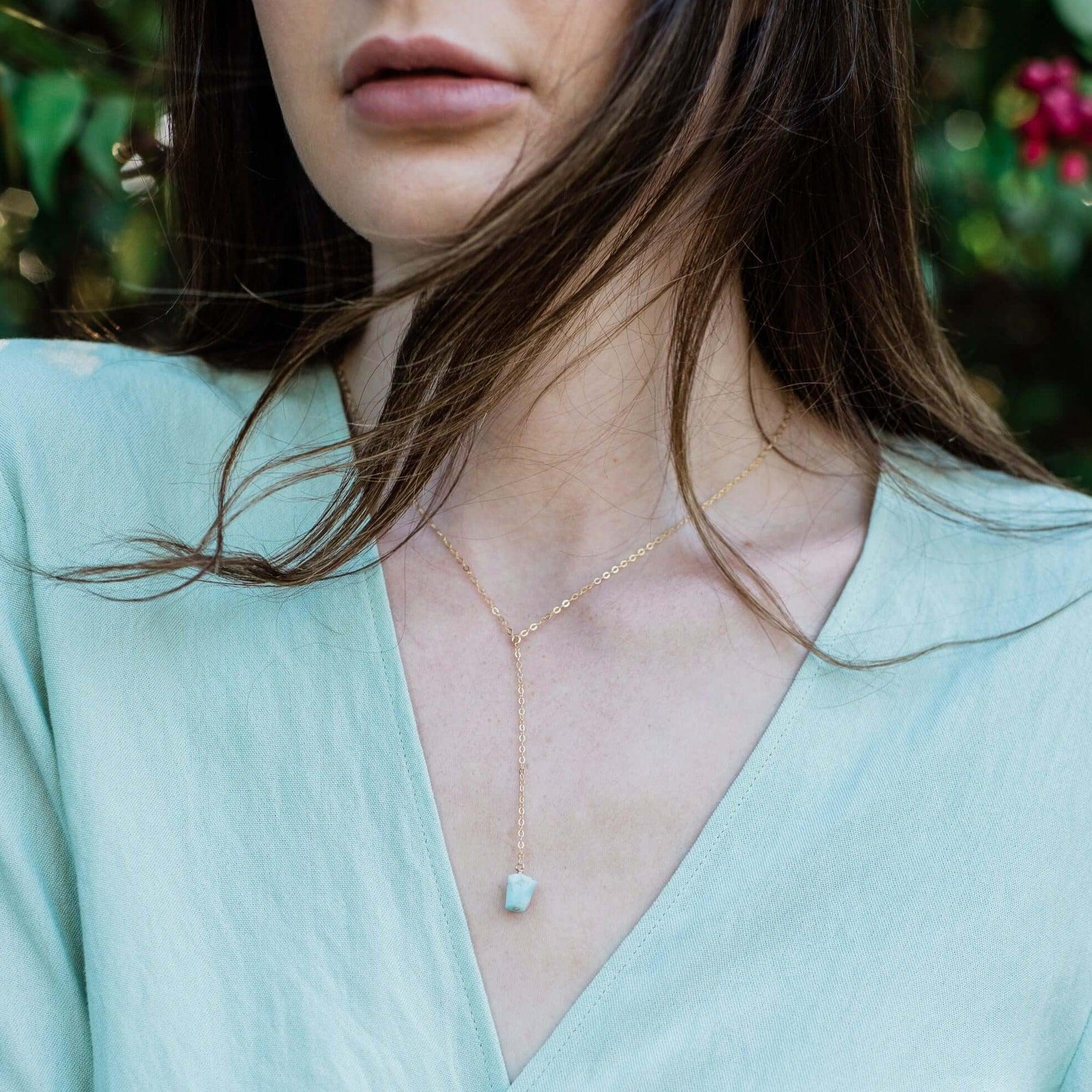 Raw Blue Larimar Crystal Lariat Necklace - Raw Blue Larimar Crystal Lariat Necklace - Sterling Silver - Luna Tide Handmade Crystal Jewellery