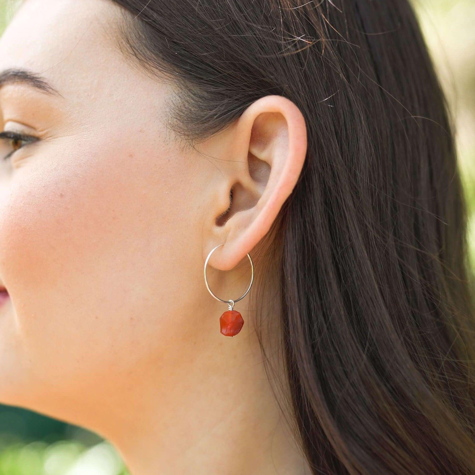 Raw Carnelian Gemstone Dangle Hoop Earrings - Raw Carnelian Gemstone Dangle Hoop Earrings - Sterling Silver - Luna Tide Handmade Crystal Jewellery