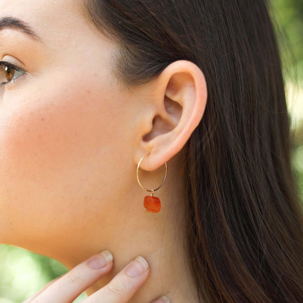 Raw Carnelian Gemstone Dangle Hoop Earrings - Raw Carnelian Gemstone Dangle Hoop Earrings - Sterling Silver - Luna Tide Handmade Crystal Jewellery