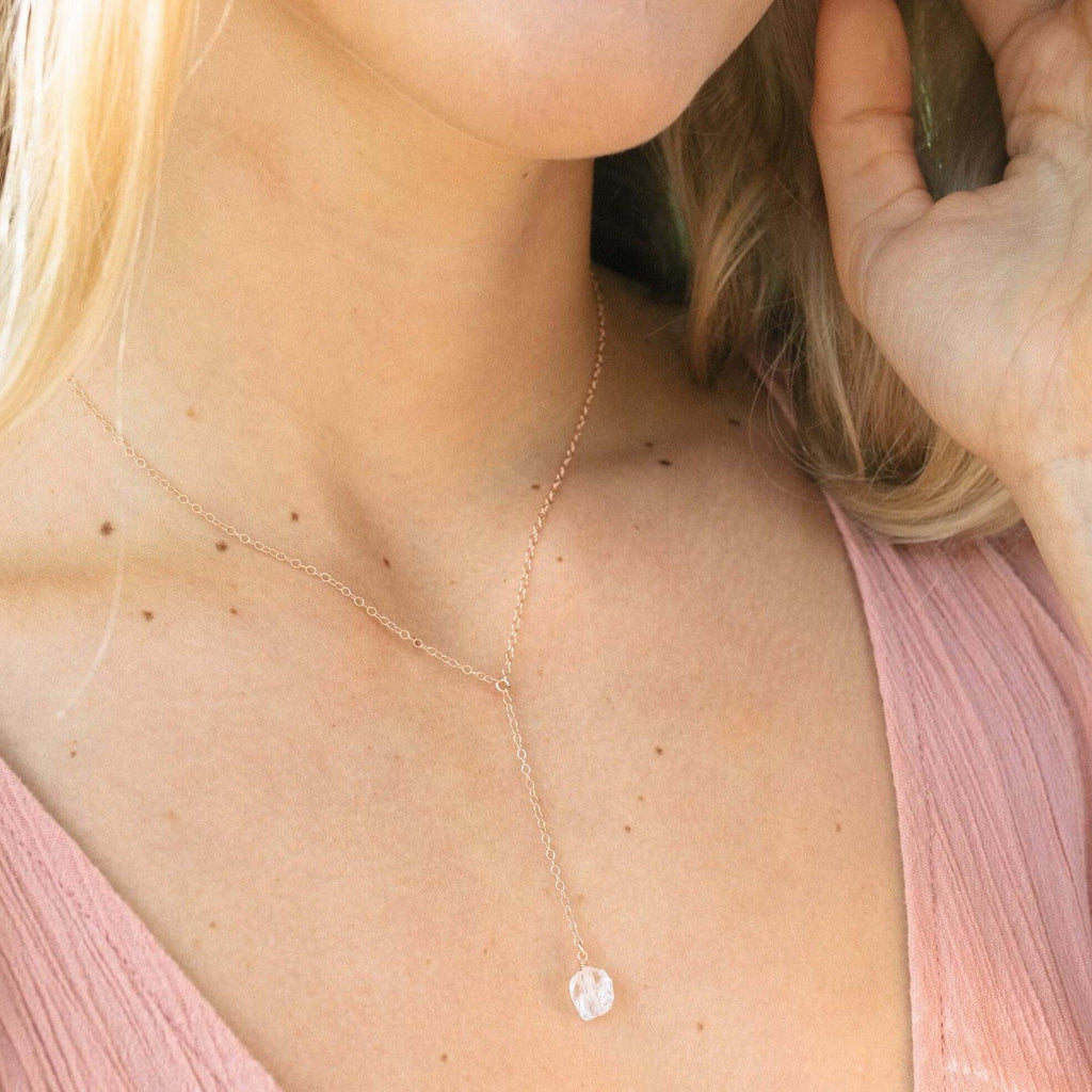 Raw Clear Quartz Crystal Lariat Necklace - Raw Clear Quartz Crystal Lariat Necklace - 14k Gold Fill - Luna Tide Handmade Crystal Jewellery