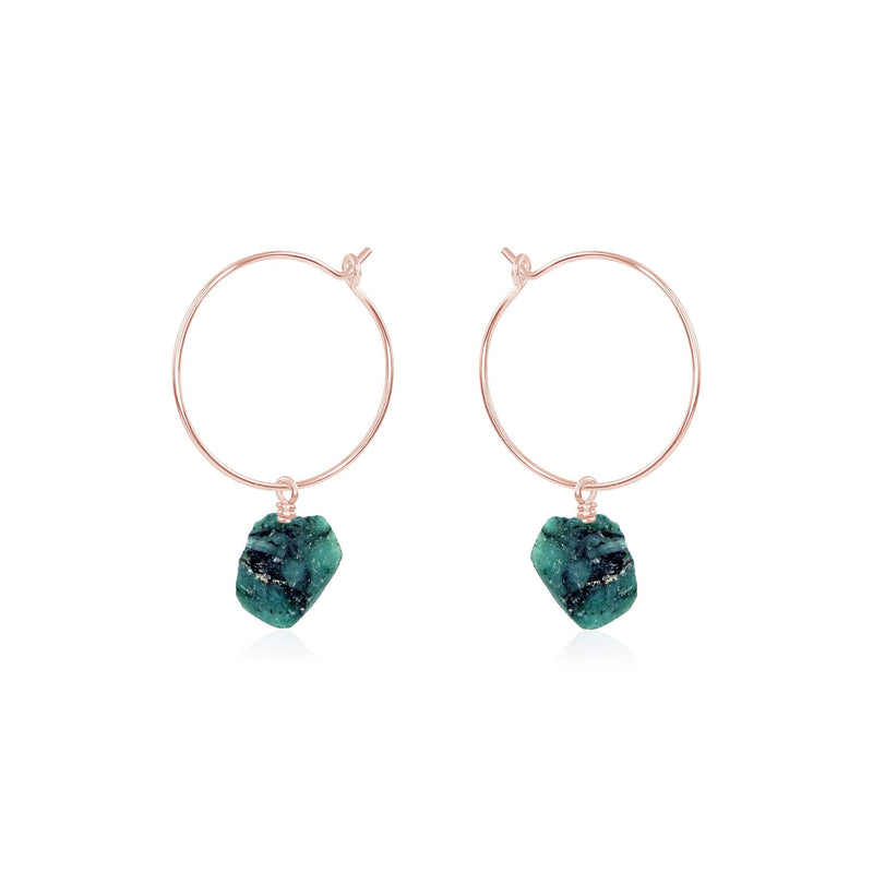 Raw Nugget Hoop Earrings - Emerald - 14K Rose Gold Fill - Luna Tide Handmade Jewellery