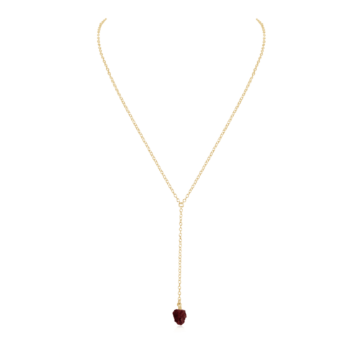 Raw Garnet Crystal Lariat Necklace - Raw Garnet Crystal Lariat Necklace - 14k Gold Fill - Luna Tide Handmade Crystal Jewellery