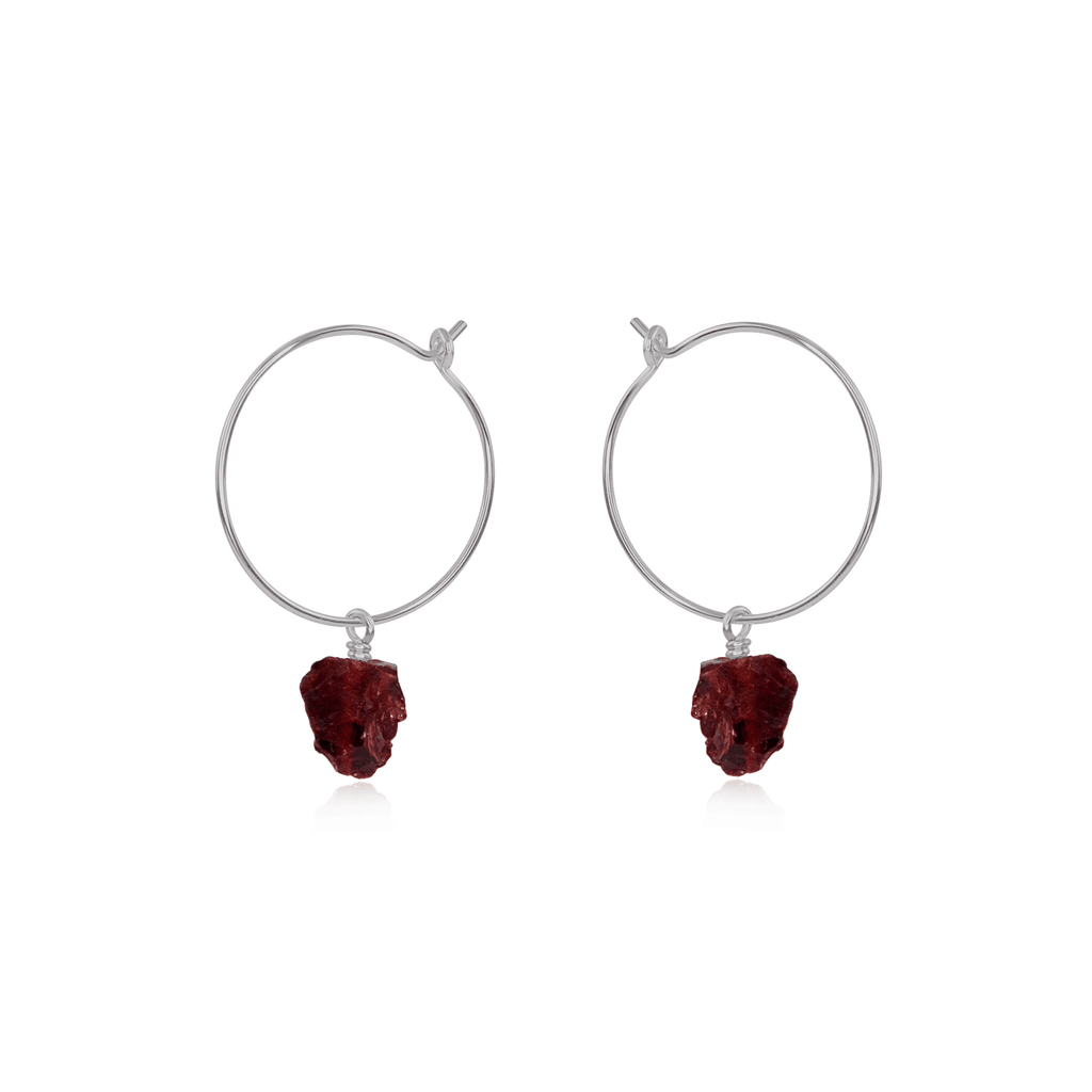 Raw Garnet Gemstone Dangle Hoop Earrings - Raw Garnet Gemstone Dangle Hoop Earrings - Stainless Steel - Luna Tide Handmade Crystal Jewellery