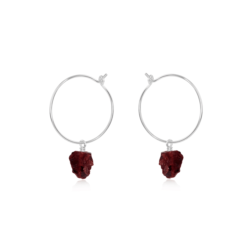 Raw Garnet Gemstone Dangle Hoop Earrings - Raw Garnet Gemstone Dangle Hoop Earrings - Sterling Silver - Luna Tide Handmade Crystal Jewellery