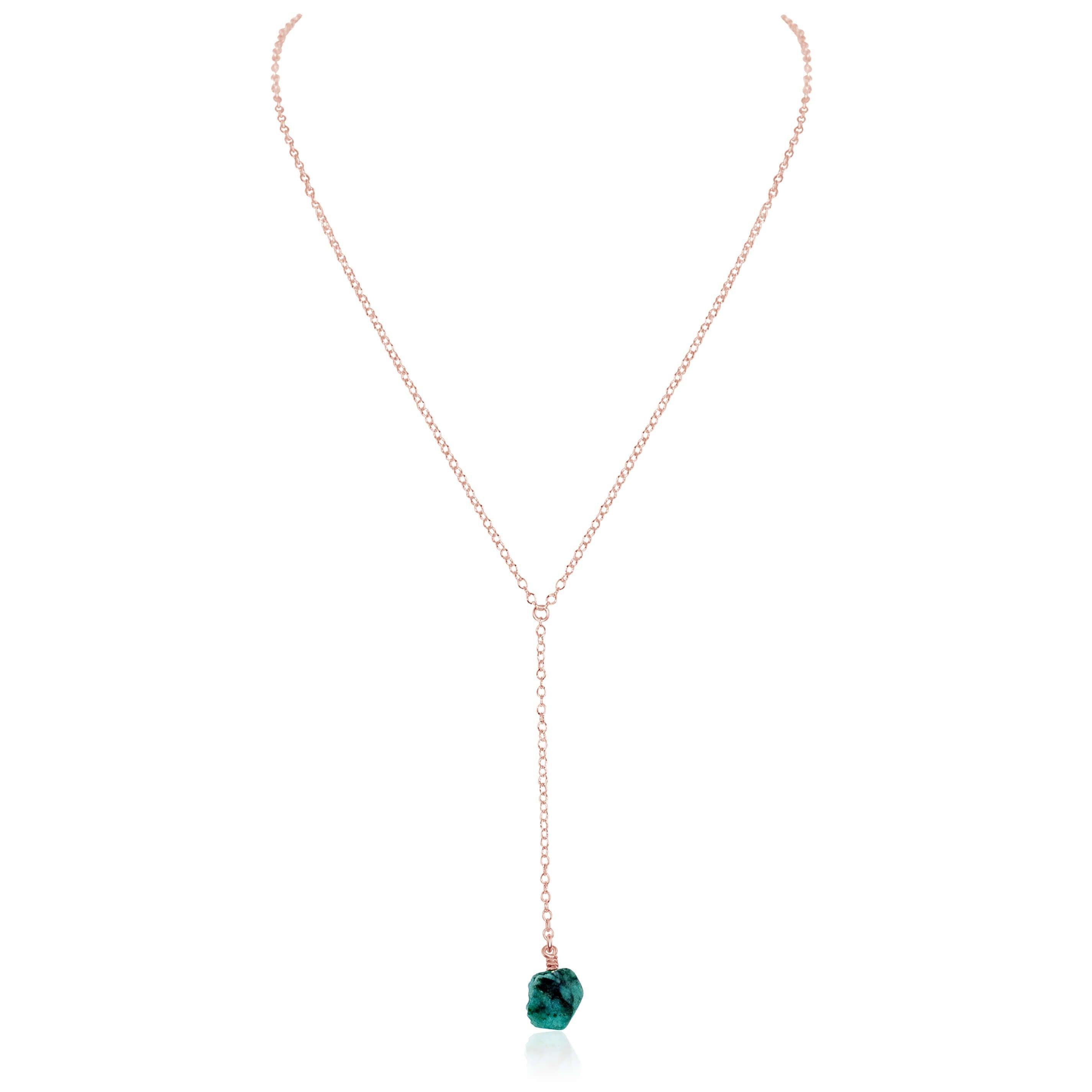 Raw Green Emerald Crystal Lariat Necklace - Raw Green Emerald Crystal Lariat Necklace - 14k Rose Gold Fill - Luna Tide Handmade Crystal Jewellery