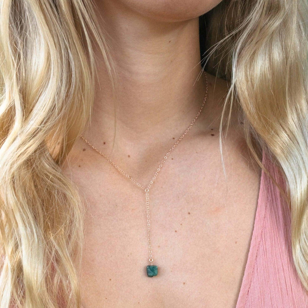 Raw Green Emerald Crystal Lariat Necklace - Raw Green Emerald Crystal Lariat Necklace - Sterling Silver - Luna Tide Handmade Crystal Jewellery