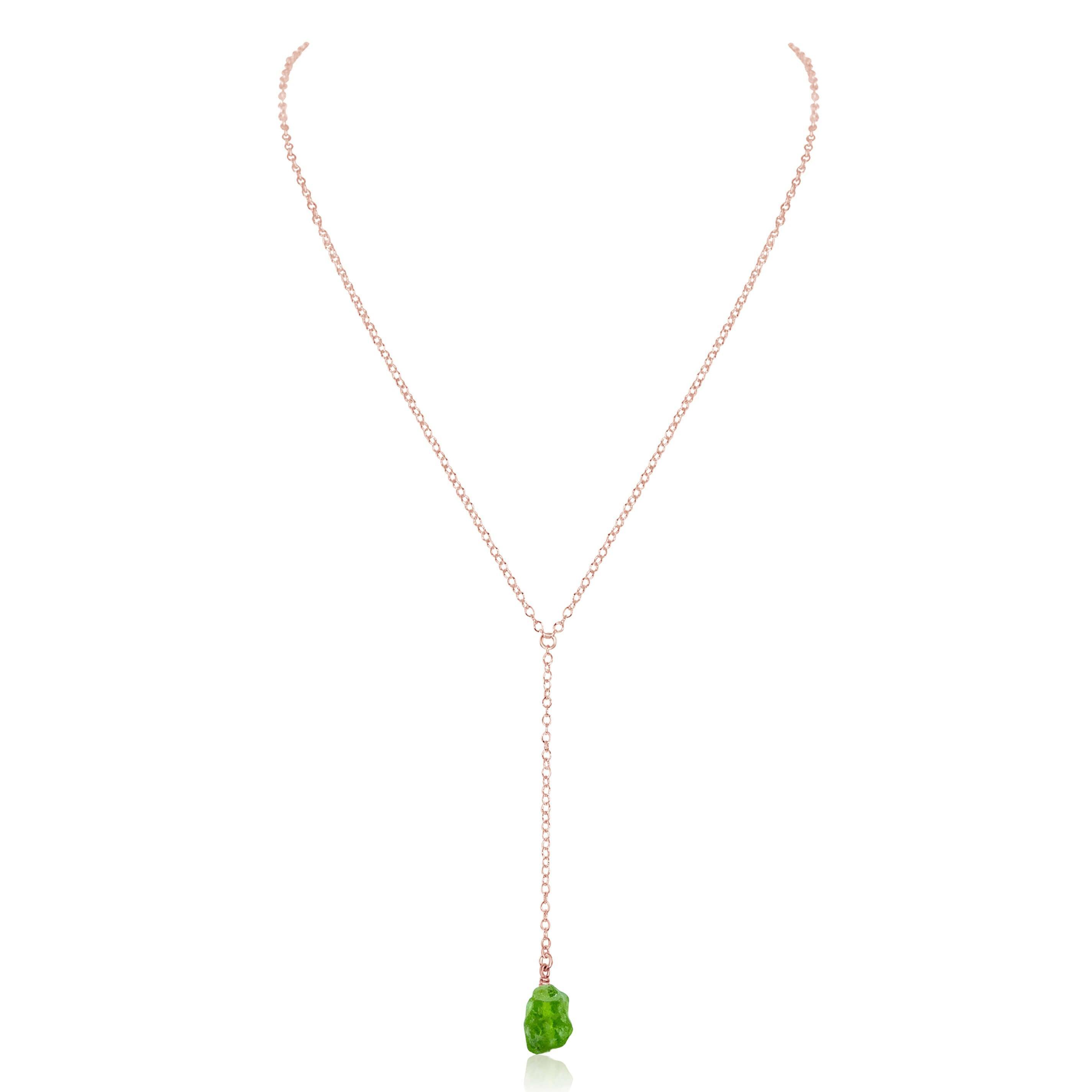 Raw Green Peridot Crystal Lariat Necklace - Raw Green Peridot Crystal Lariat Necklace - 14k Rose Gold Fill - Luna Tide Handmade Crystal Jewellery