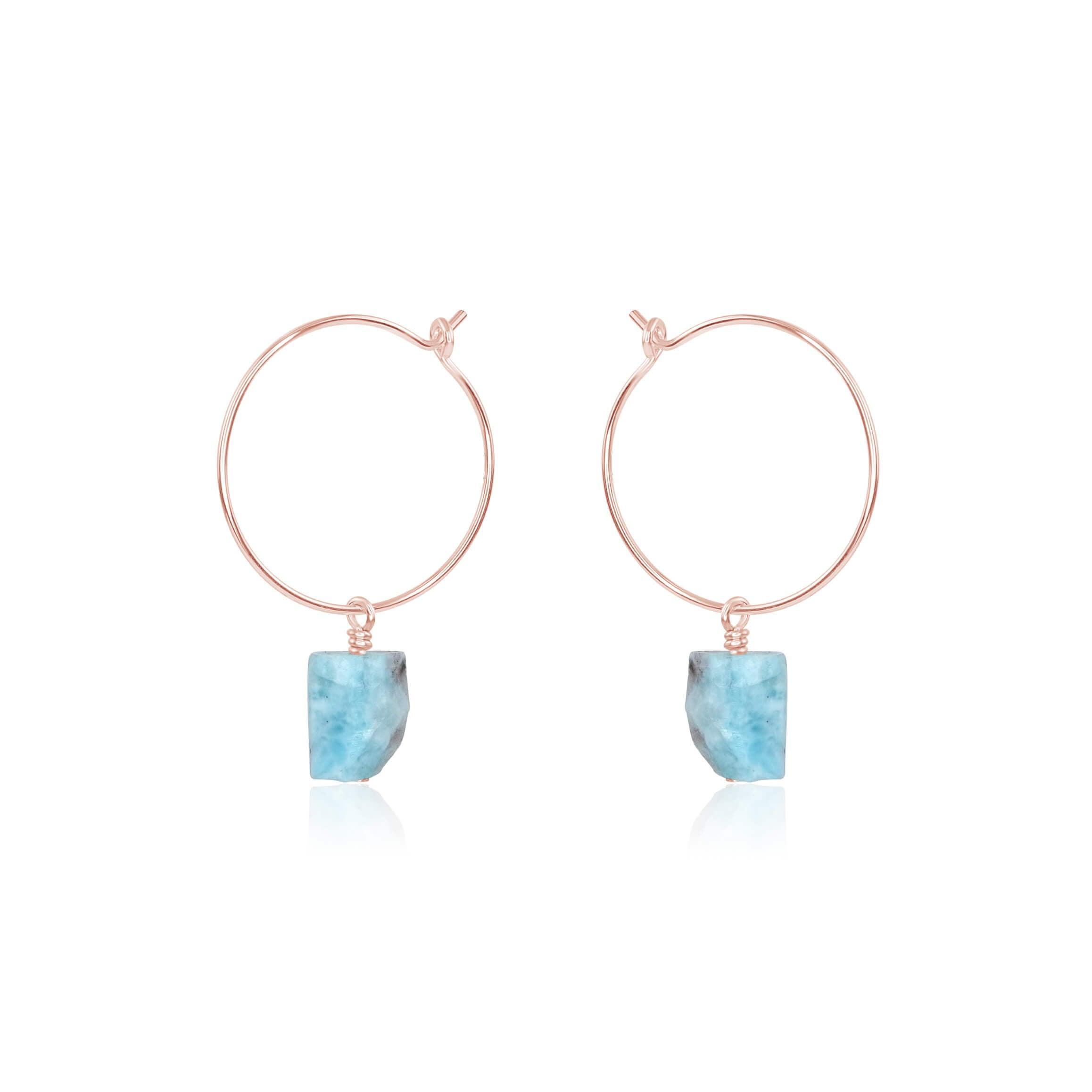 Raw Larimar Gemstone Dangle Hoop Earrings - Raw Larimar Gemstone Dangle Hoop Earrings - 14k Rose Gold Fill - Luna Tide Handmade Crystal Jewellery