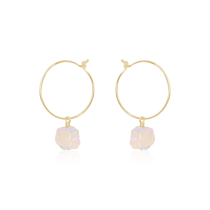 Raw Nugget Hoop Earrings - Rainbow Moonstone - 14K Gold Fill - Luna Tide Handmade Jewellery