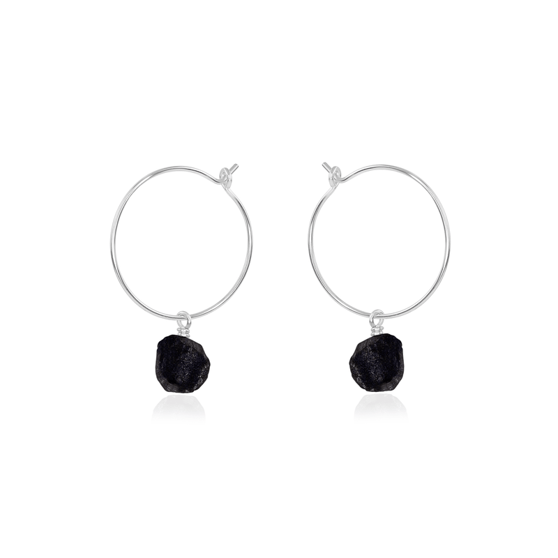 Raw Obsidian Gemstone Dangle Hoop Earrings - Raw Obsidian Gemstone Dangle Hoop Earrings - Sterling Silver - Luna Tide Handmade Crystal Jewellery