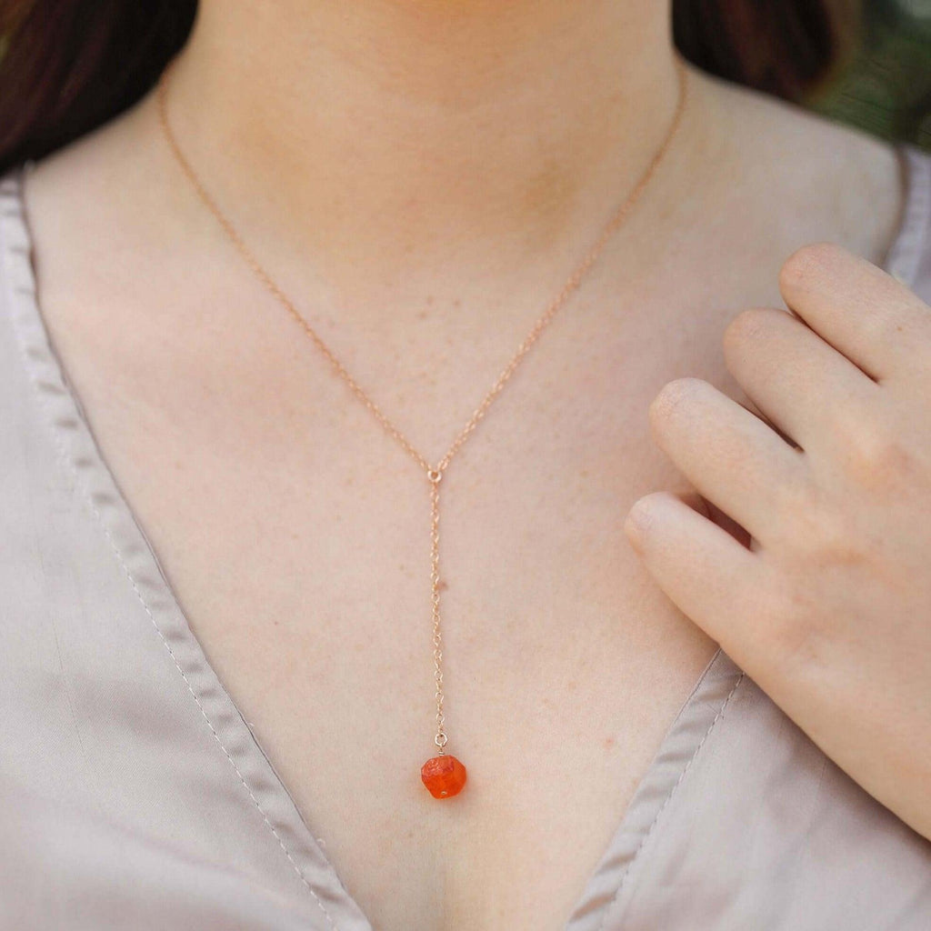 Raw Orange Carnelian Crystal Lariat Necklace - Raw Orange Carnelian Crystal Lariat Necklace - Sterling Silver - Luna Tide Handmade Crystal Jewellery