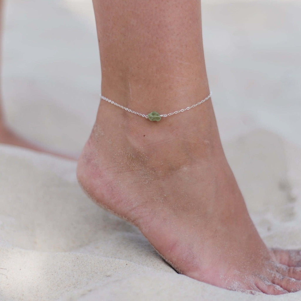 Raw Peridot Crystal Nugget Anklet - Raw Peridot Crystal Nugget Anklet - Sterling Silver - Luna Tide Handmade Crystal Jewellery