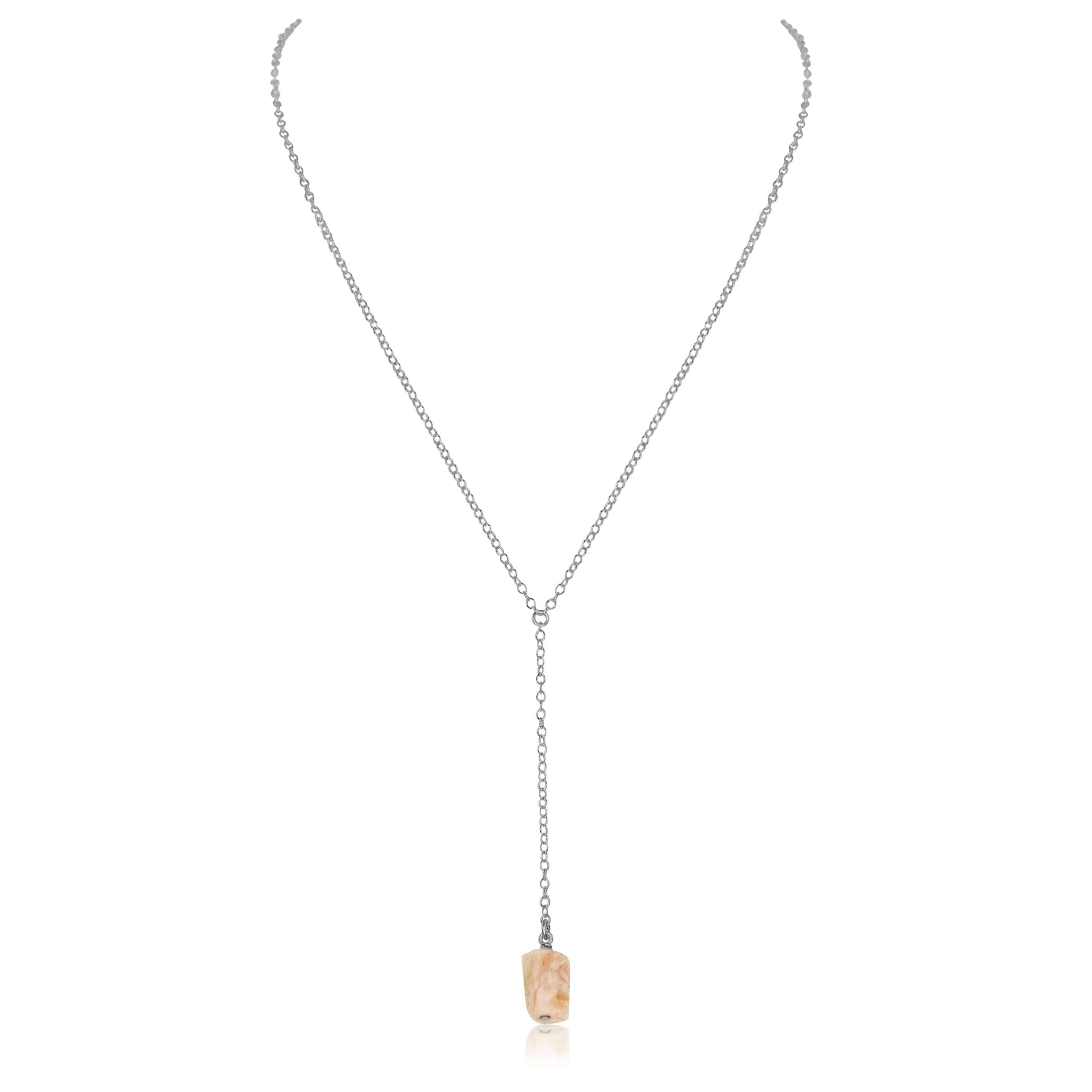 Raw Pink Peruvian Opal Crystal Lariat Necklace - Raw Pink Peruvian Opal Crystal Lariat Necklace - Stainless Steel - Luna Tide Handmade Crystal Jewellery