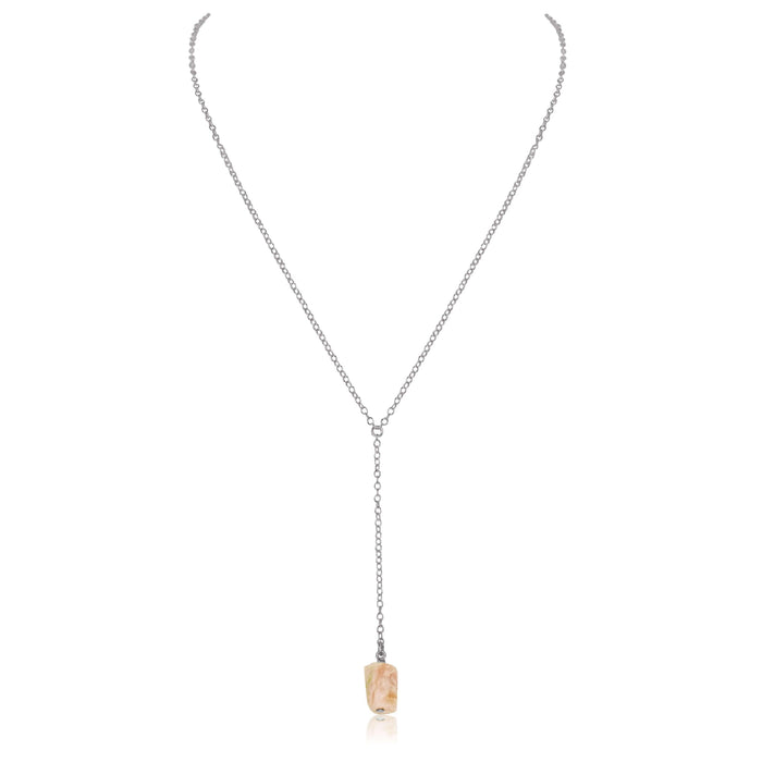 Raw Pink Peruvian Opal Crystal Lariat Necklace - Raw Pink Peruvian Opal Crystal Lariat Necklace - Stainless Steel - Luna Tide Handmade Crystal Jewellery
