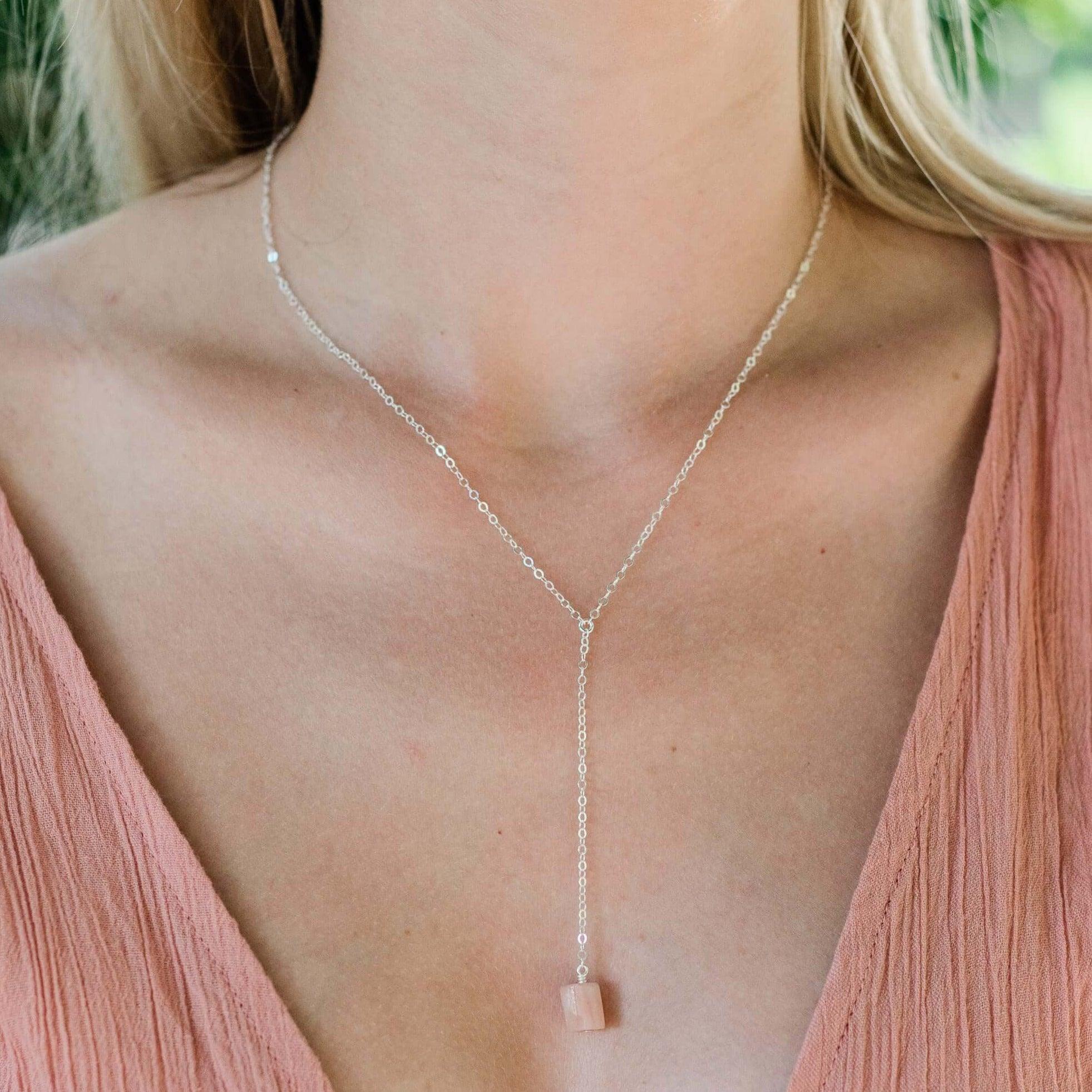 Raw Pink Peruvian Opal Crystal Lariat Necklace - Raw Pink Peruvian Opal Crystal Lariat Necklace - Sterling Silver - Luna Tide Handmade Crystal Jewellery