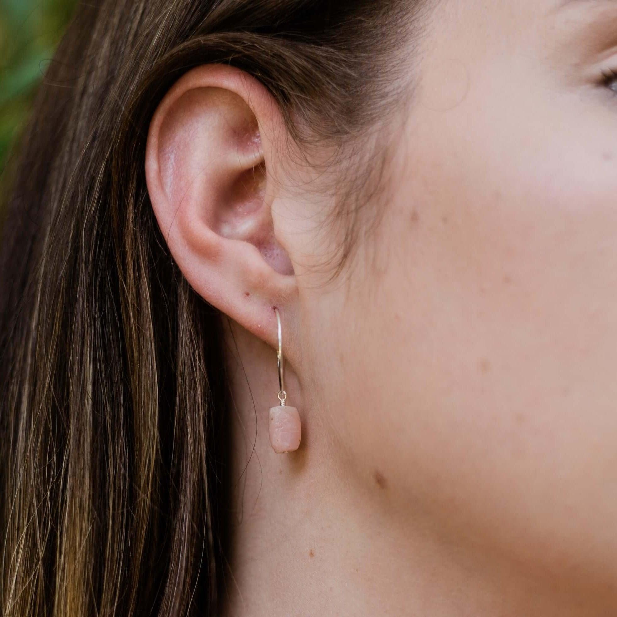 Raw Pink Peruvian Opal Gemstone Dangle Hoop Earrings - Raw Pink Peruvian Opal Gemstone Dangle Hoop Earrings - 14k Gold Fill - Luna Tide Handmade Crystal Jewellery