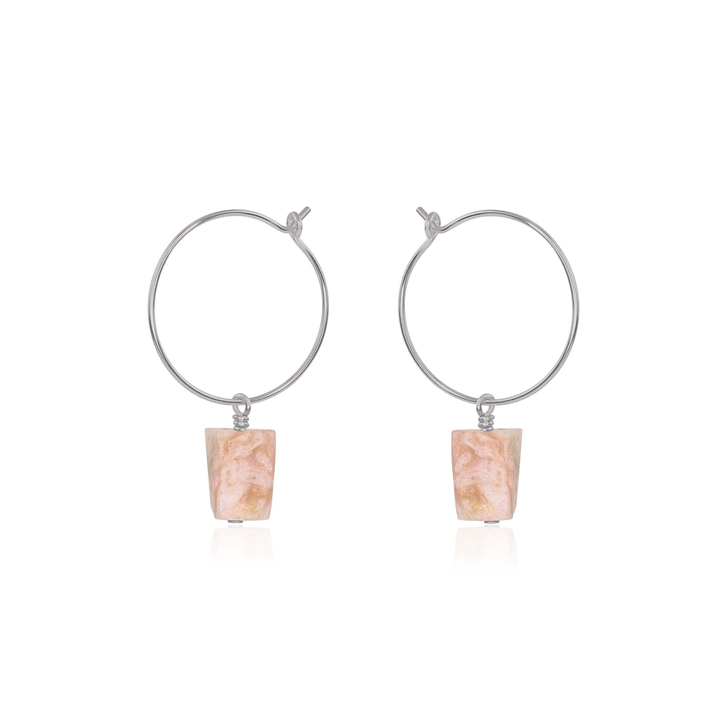 Raw Pink Peruvian Opal Gemstone Dangle Hoop Earrings - Raw Pink Peruvian Opal Gemstone Dangle Hoop Earrings - Stainless Steel - Luna Tide Handmade Crystal Jewellery