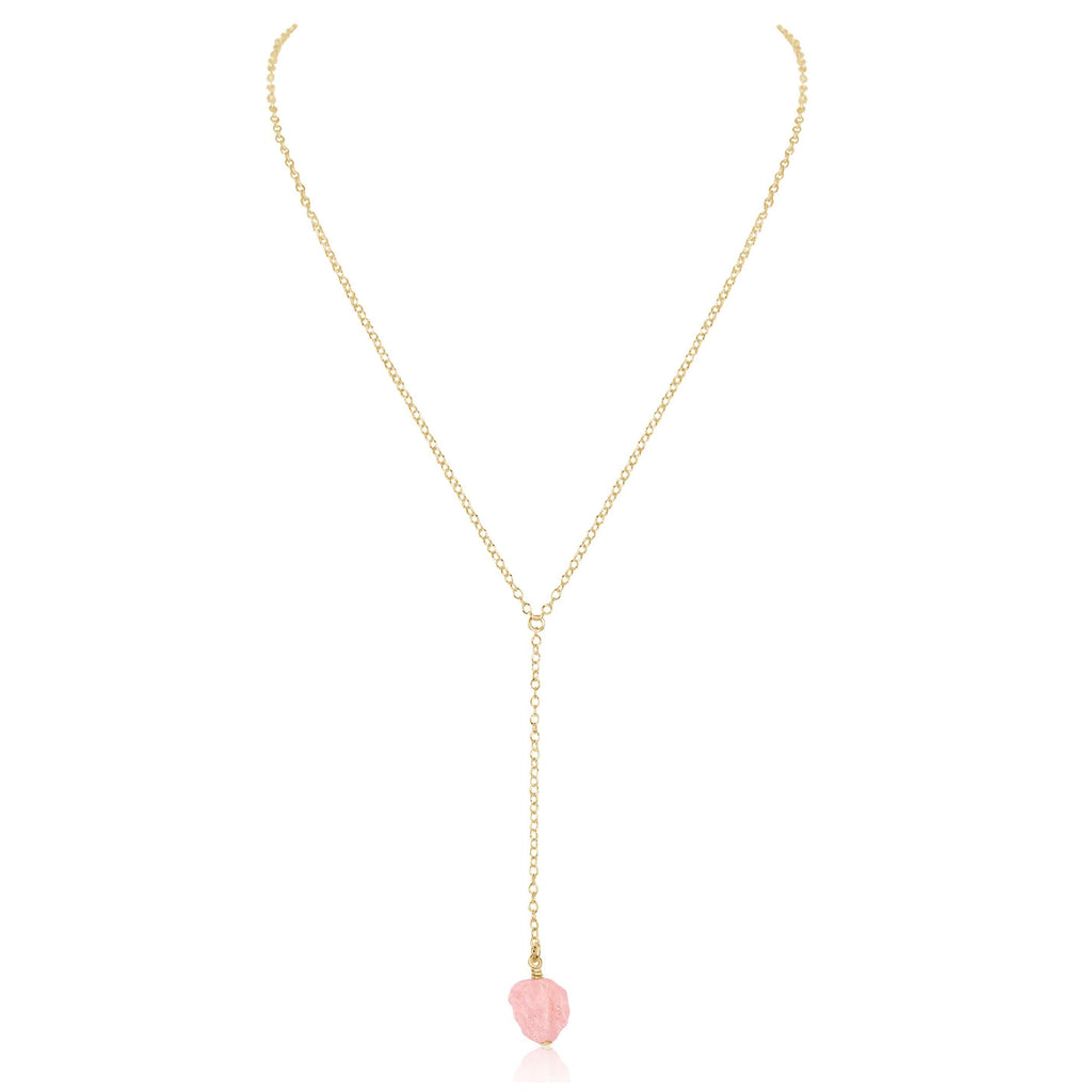 Raw Pink Rose Quartz Crystal Lariat Necklace - Raw Pink Rose Quartz Crystal Lariat Necklace - 14k Gold Fill - Luna Tide Handmade Crystal Jewellery