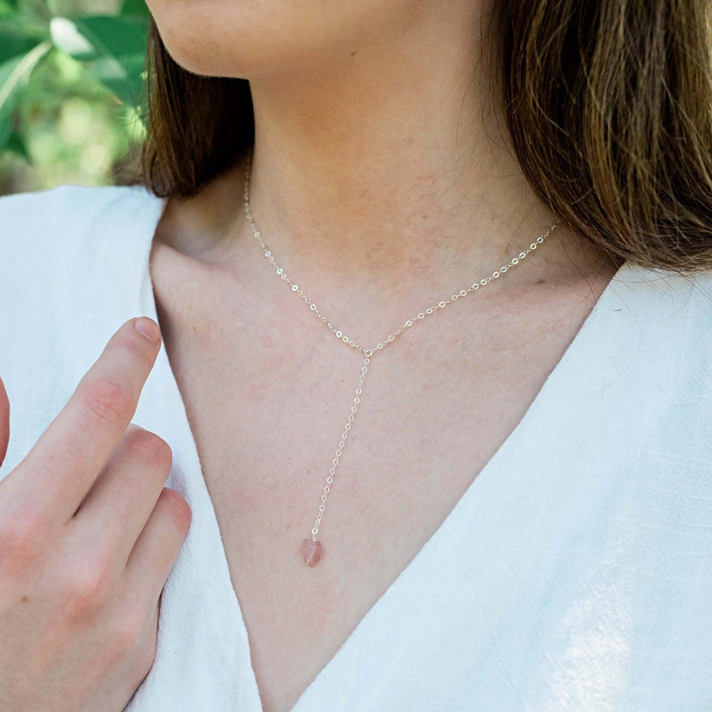 Raw Pink Rose Quartz Crystal Lariat Necklace - Raw Pink Rose Quartz Crystal Lariat Necklace - 14k Gold Fill - Luna Tide Handmade Crystal Jewellery