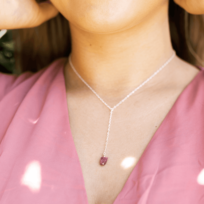 Raw Pink Tourmaline Crystal Lariat Necklace - Raw Pink Tourmaline Crystal Lariat Necklace - Sterling Silver - Luna Tide Handmade Crystal Jewellery