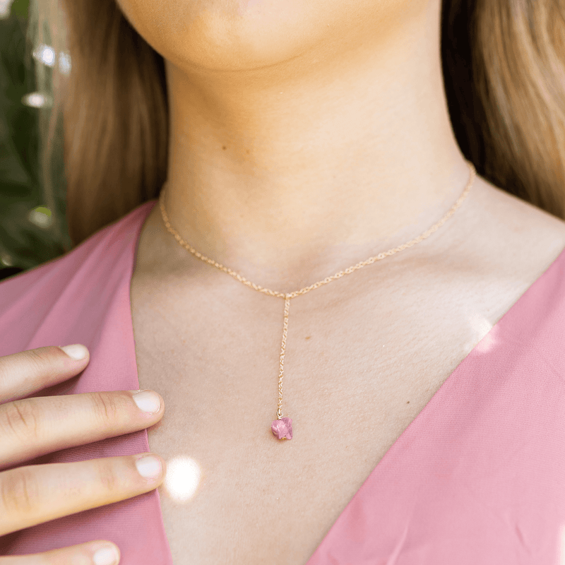Raw Pink Tourmaline Crystal Lariat Necklace - Raw Pink Tourmaline Crystal Lariat Necklace - Sterling Silver - Luna Tide Handmade Crystal Jewellery