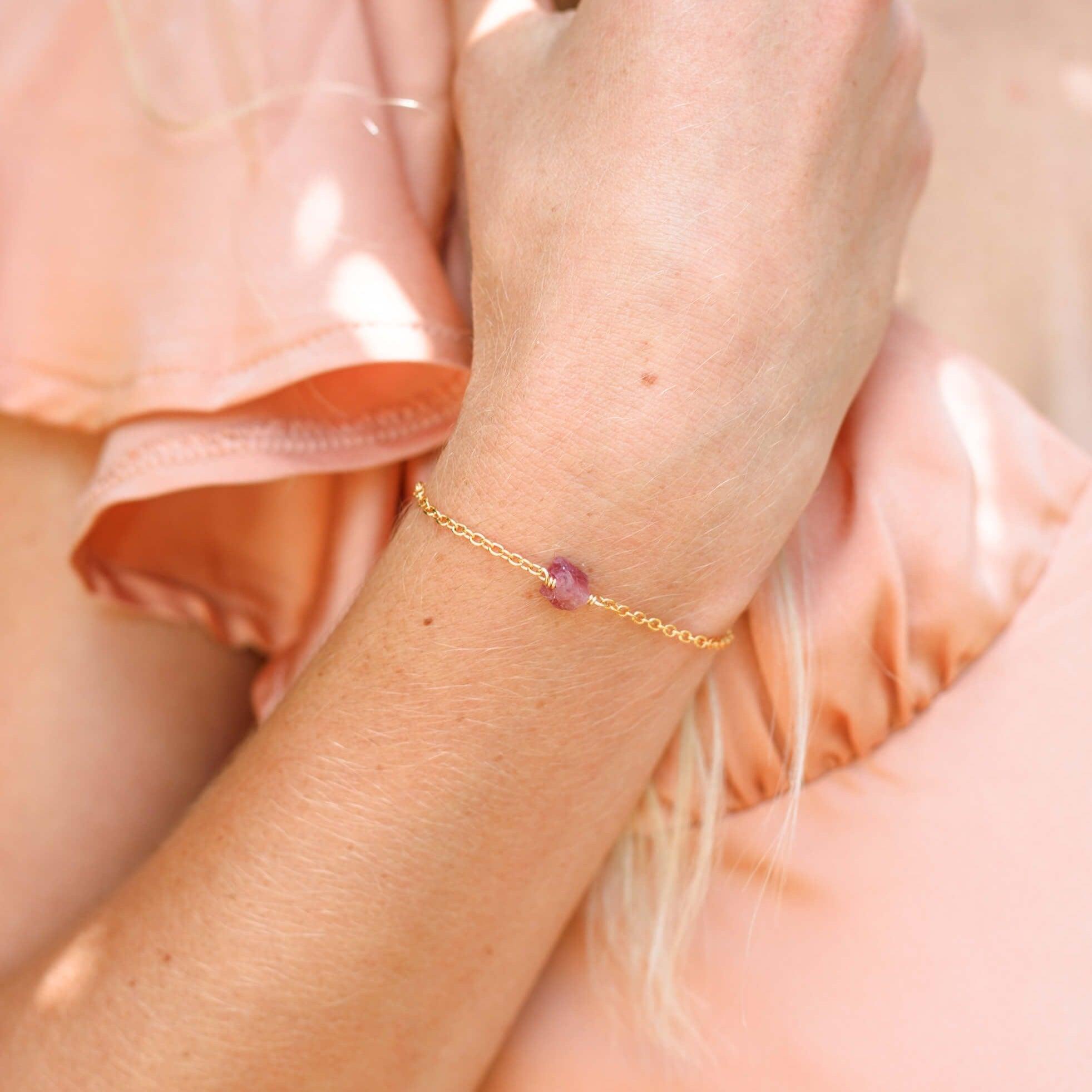 Raw Pink Tourmaline Crystal Nugget Bracelet - Raw Pink Tourmaline Crystal Nugget Bracelet - 14k Gold Fill - Luna Tide Handmade Crystal Jewellery