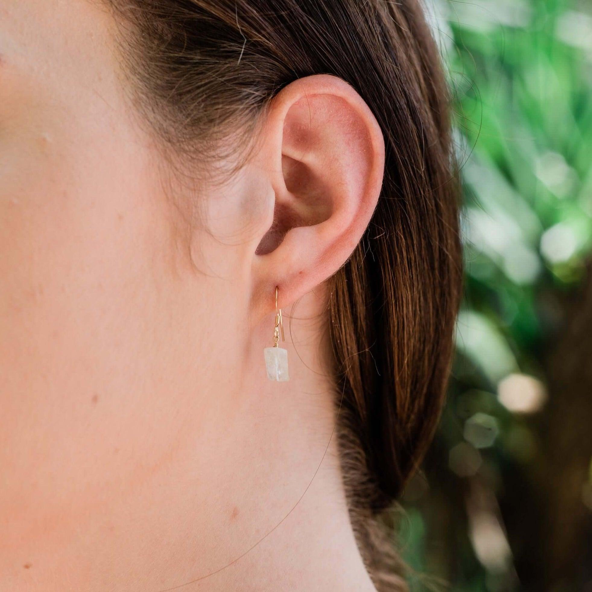 Raw Rainbow Moonstone Crystal Dangle Drop Earrings - Raw Rainbow Moonstone Crystal Dangle Drop Earrings - Sterling Silver - Luna Tide Handmade Crystal Jewellery