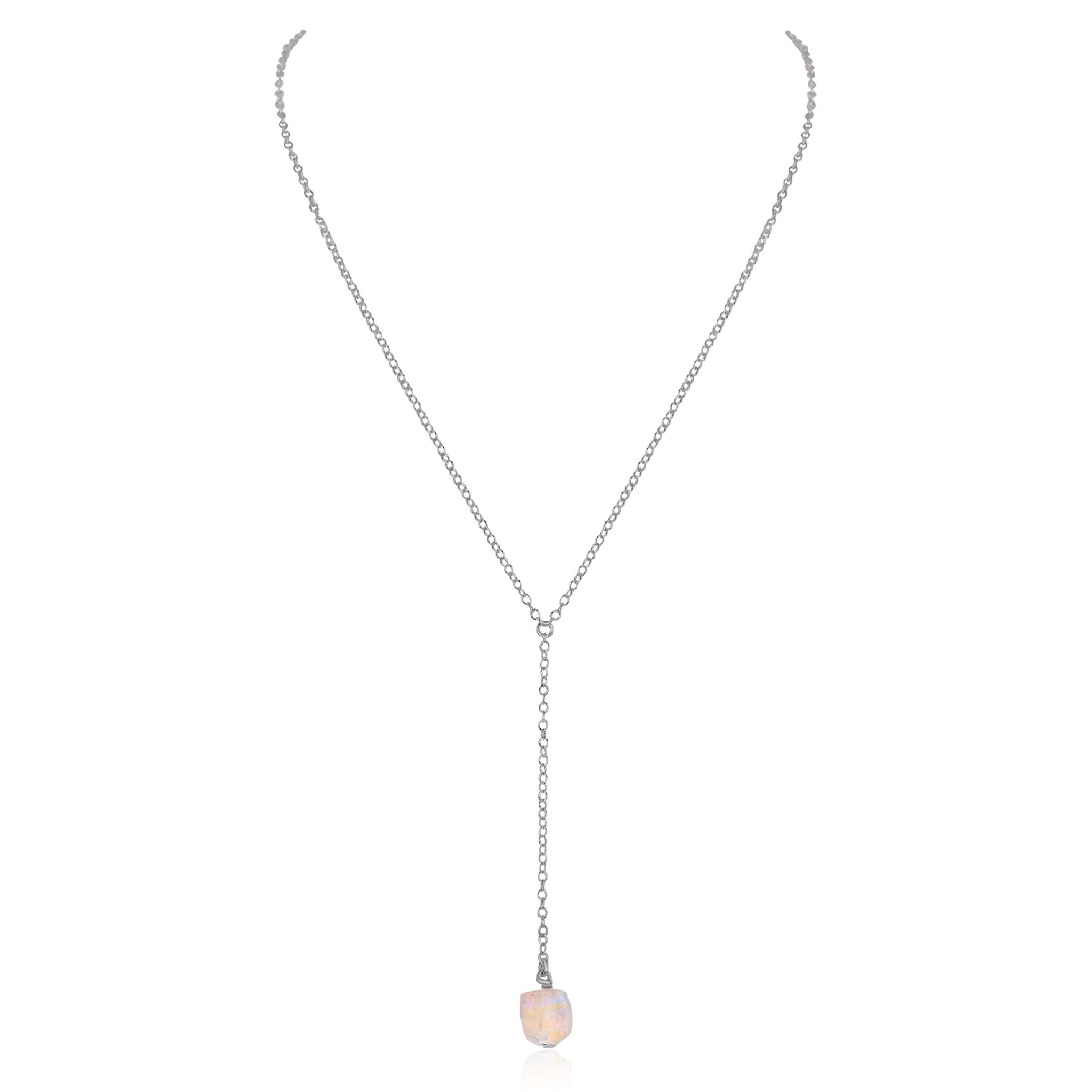 Raw Rainbow Moonstone Crystal Lariat Necklace - Raw Rainbow Moonstone Crystal Lariat Necklace - Stainless Steel - Luna Tide Handmade Crystal Jewellery
