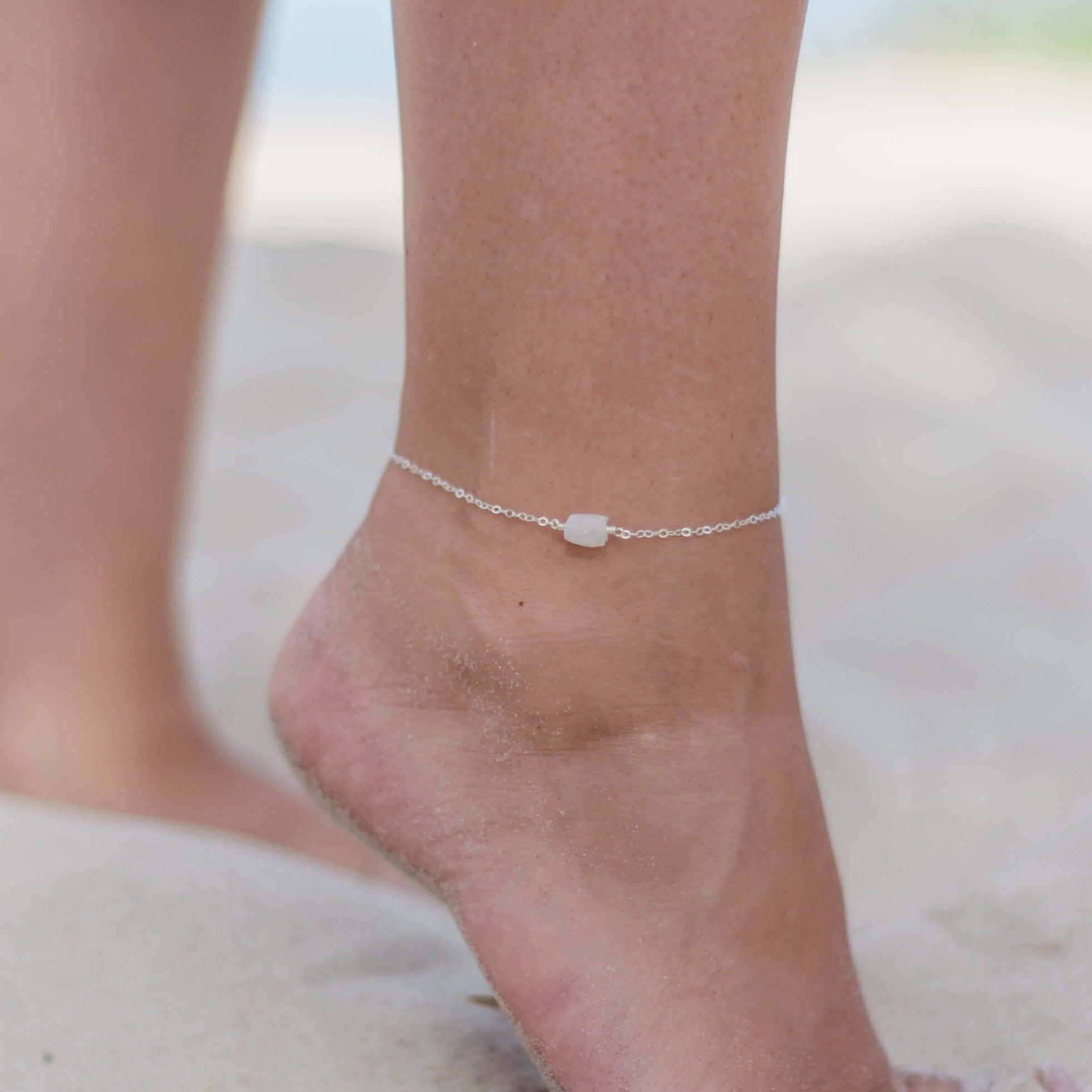 Raw Rainbow Moonstone Crystal Nugget Anklet - Raw Rainbow Moonstone Crystal Nugget Anklet - Sterling Silver - Luna Tide Handmade Crystal Jewellery