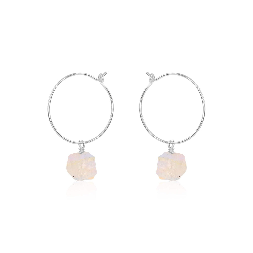 Raw Rainbow Moonstone Gemstone Dangle Hoop Earrings - Raw Rainbow Moonstone Gemstone Dangle Hoop Earrings - Sterling Silver - Luna Tide Handmade Crystal Jewellery