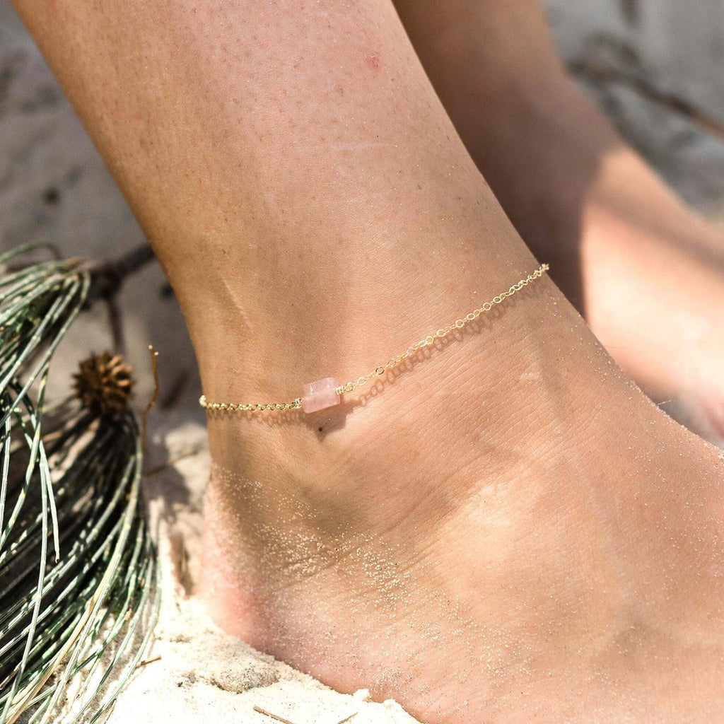 Raw Rose Quartz Crystal Nugget Anklet - Raw Rose Quartz Crystal Nugget Anklet - Sterling Silver - Luna Tide Handmade Crystal Jewellery