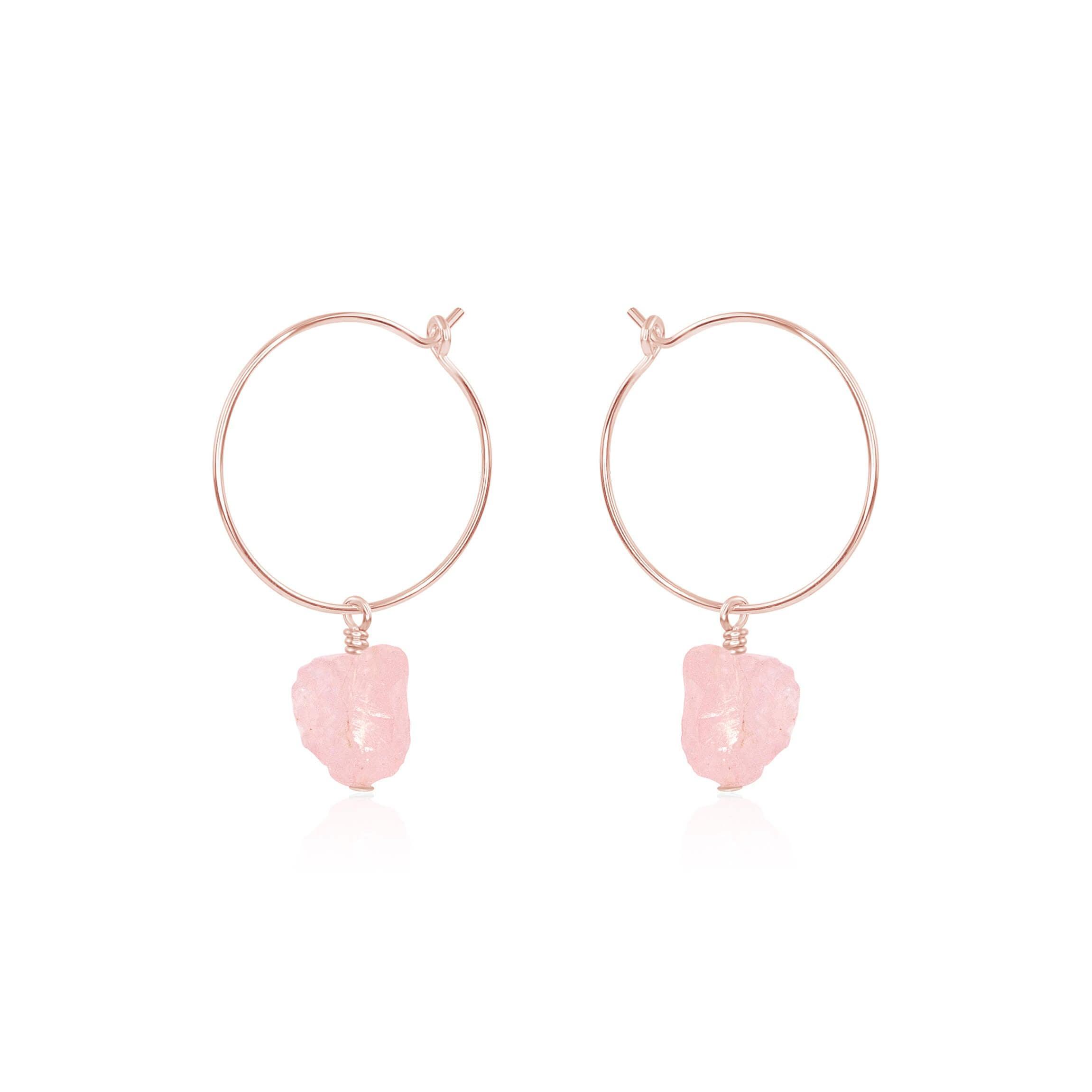 Raw Rose Quartz Gemstone Dangle Hoop Earrings - Raw Rose Quartz Gemstone Dangle Hoop Earrings - 14k Rose Gold Fill - Luna Tide Handmade Crystal Jewellery