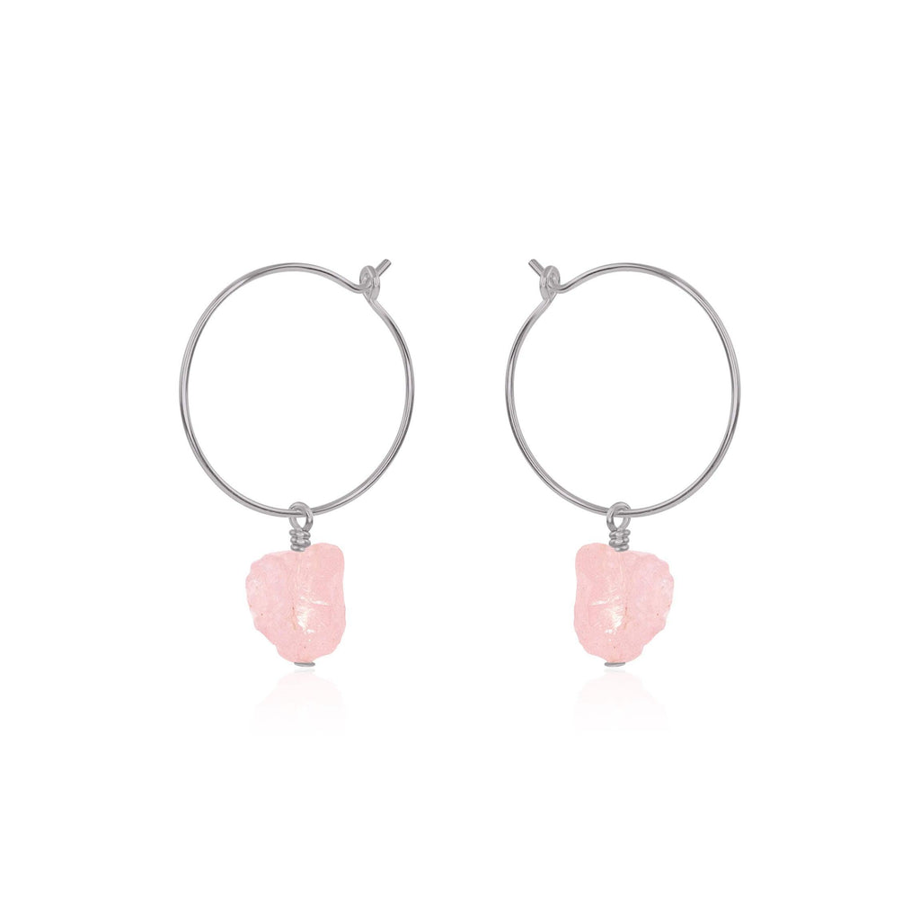 Raw Rose Quartz Gemstone Dangle Hoop Earrings - Raw Rose Quartz Gemstone Dangle Hoop Earrings - Stainless Steel - Luna Tide Handmade Crystal Jewellery
