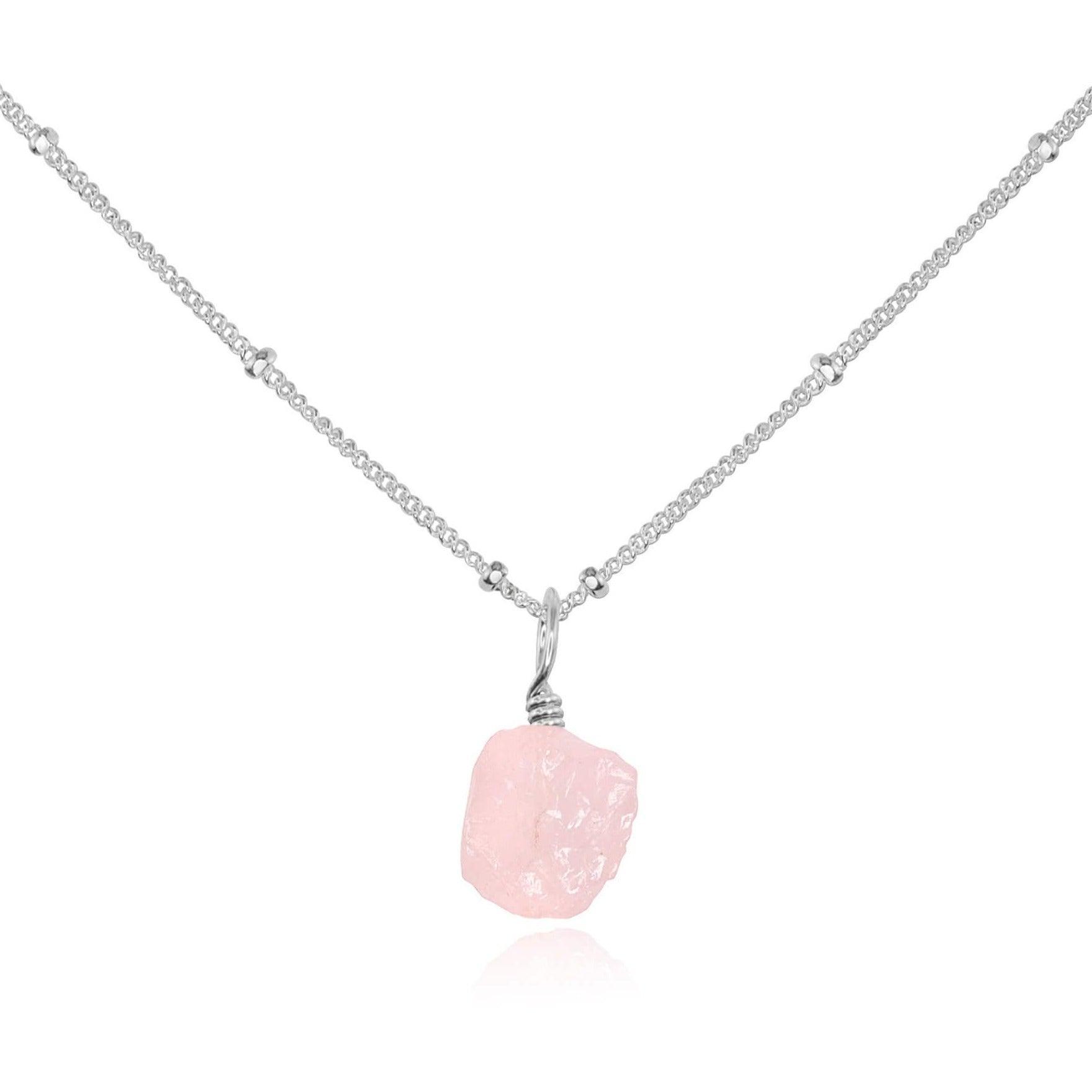 Raw Rose Quartz Natural Crystal Pendant Necklace - Raw Rose Quartz Natural Crystal Pendant Necklace - Sterling Silver / Satellite - Luna Tide Handmade Crystal Jewellery