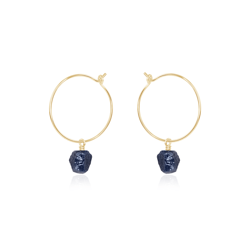 Raw Sapphire Gemstone Dangle Hoop Earrings - Raw Sapphire Gemstone Dangle Hoop Earrings - 14k Gold Fill - Luna Tide Handmade Crystal Jewellery