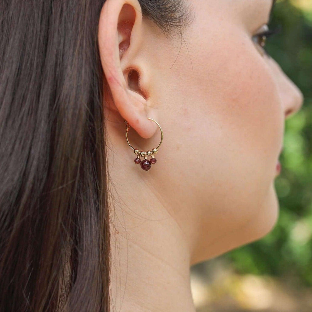 Red Garnet Gemstone Bead Drop Hoop Earrings - Red Garnet Gemstone Bead Drop Hoop Earrings - 14k Gold Fill - Luna Tide Handmade Crystal Jewellery
