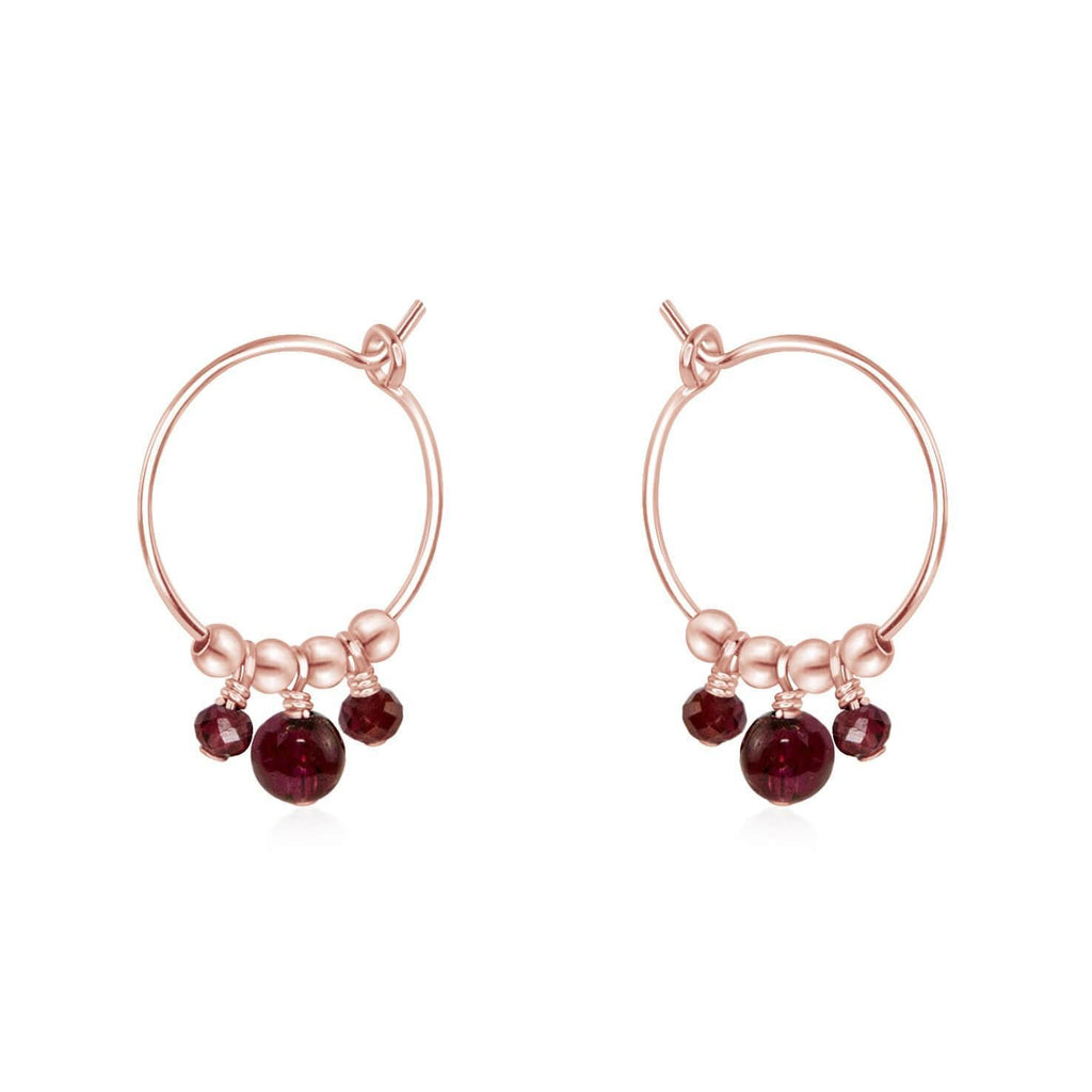 Red Garnet Gemstone Bead Drop Hoop Earrings - Red Garnet Gemstone Bead Drop Hoop Earrings - 14k Rose Gold Fill - Luna Tide Handmade Crystal Jewellery