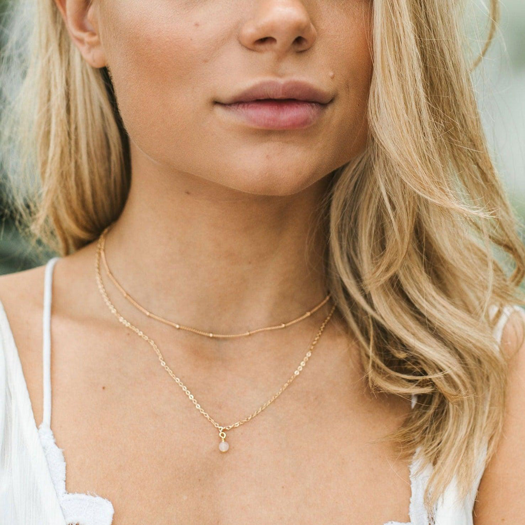 Rose Quartz Gemstone Chain Layered Choker Necklace - Rose Quartz Gemstone Chain Layered Choker Necklace - 14k Gold Fill - Luna Tide Handmade Crystal Jewellery